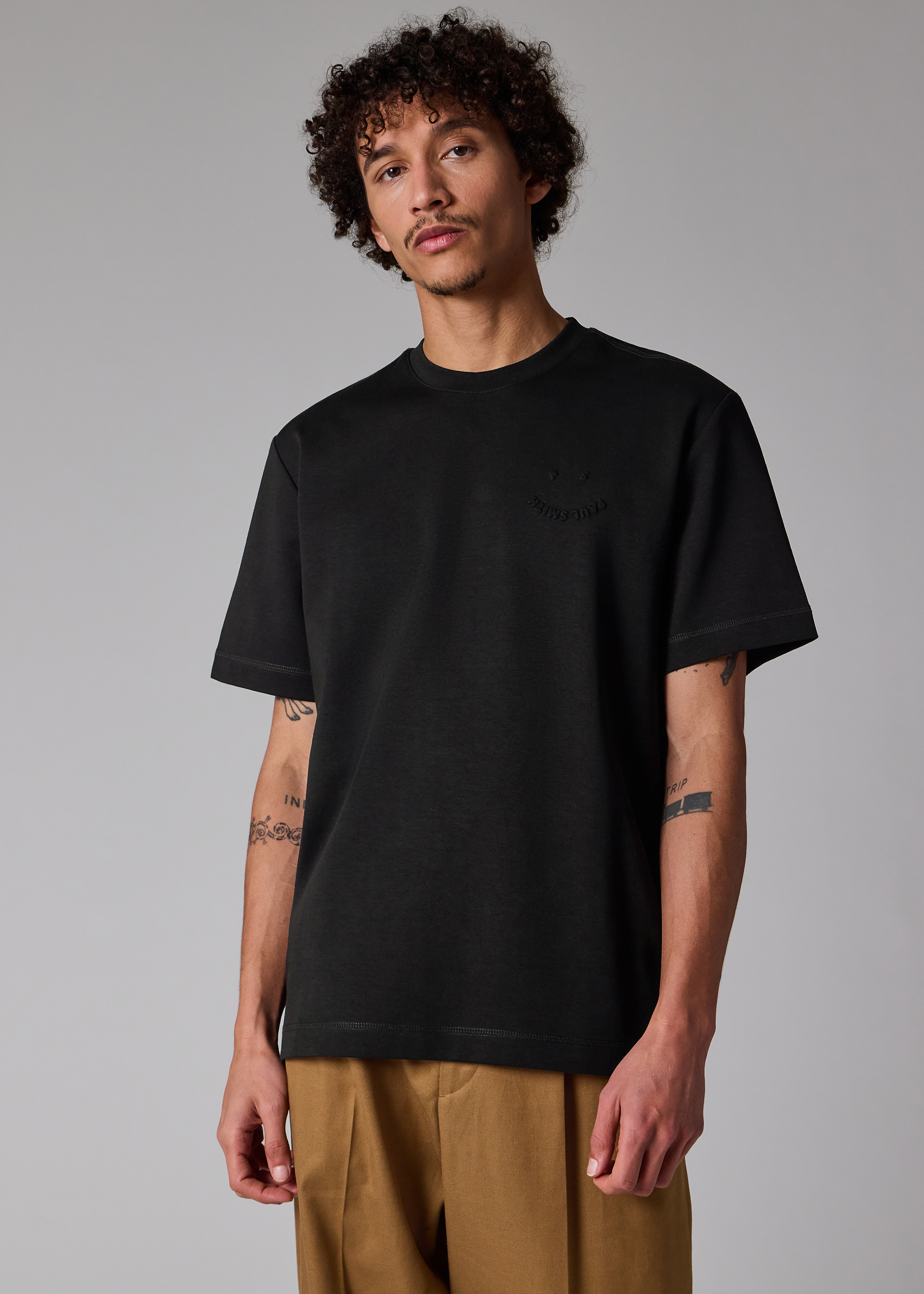 Casual-Fit Black Embossed 'Happy' T-Shirt