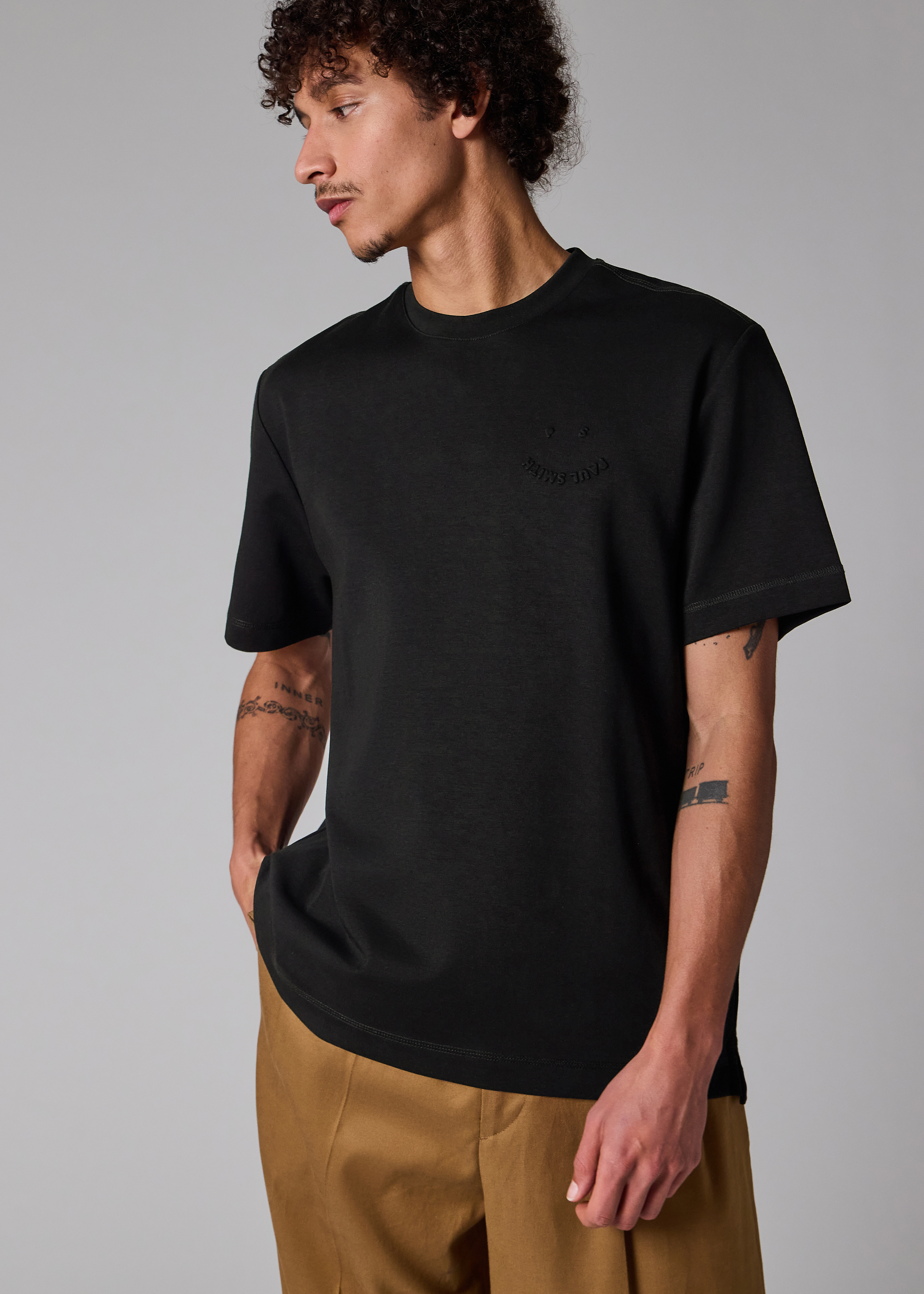 Casual-Fit Black Embossed 'Happy' T-Shirt