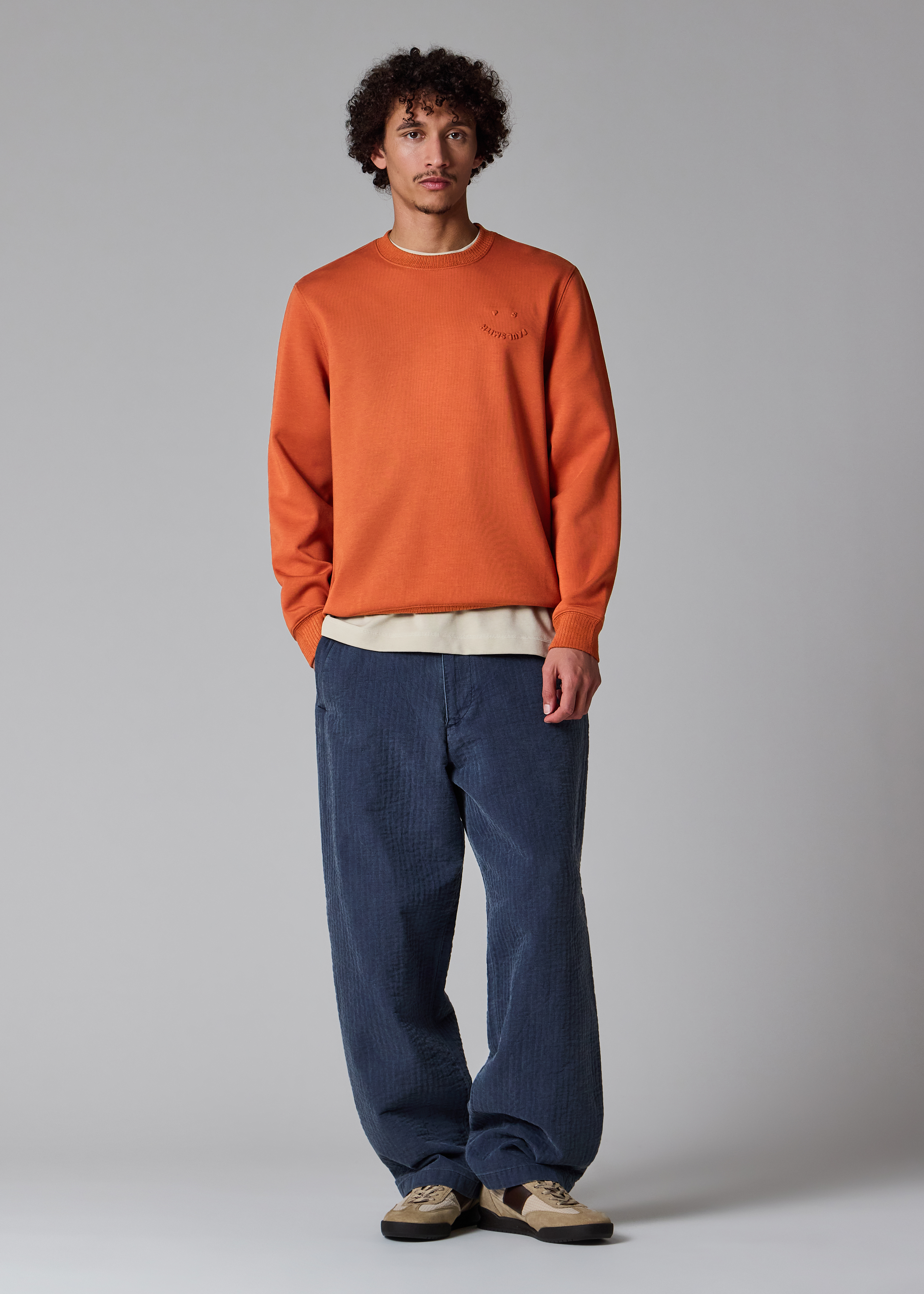 Rust Orange Embossed 'Happy' Crew Neck Sweater