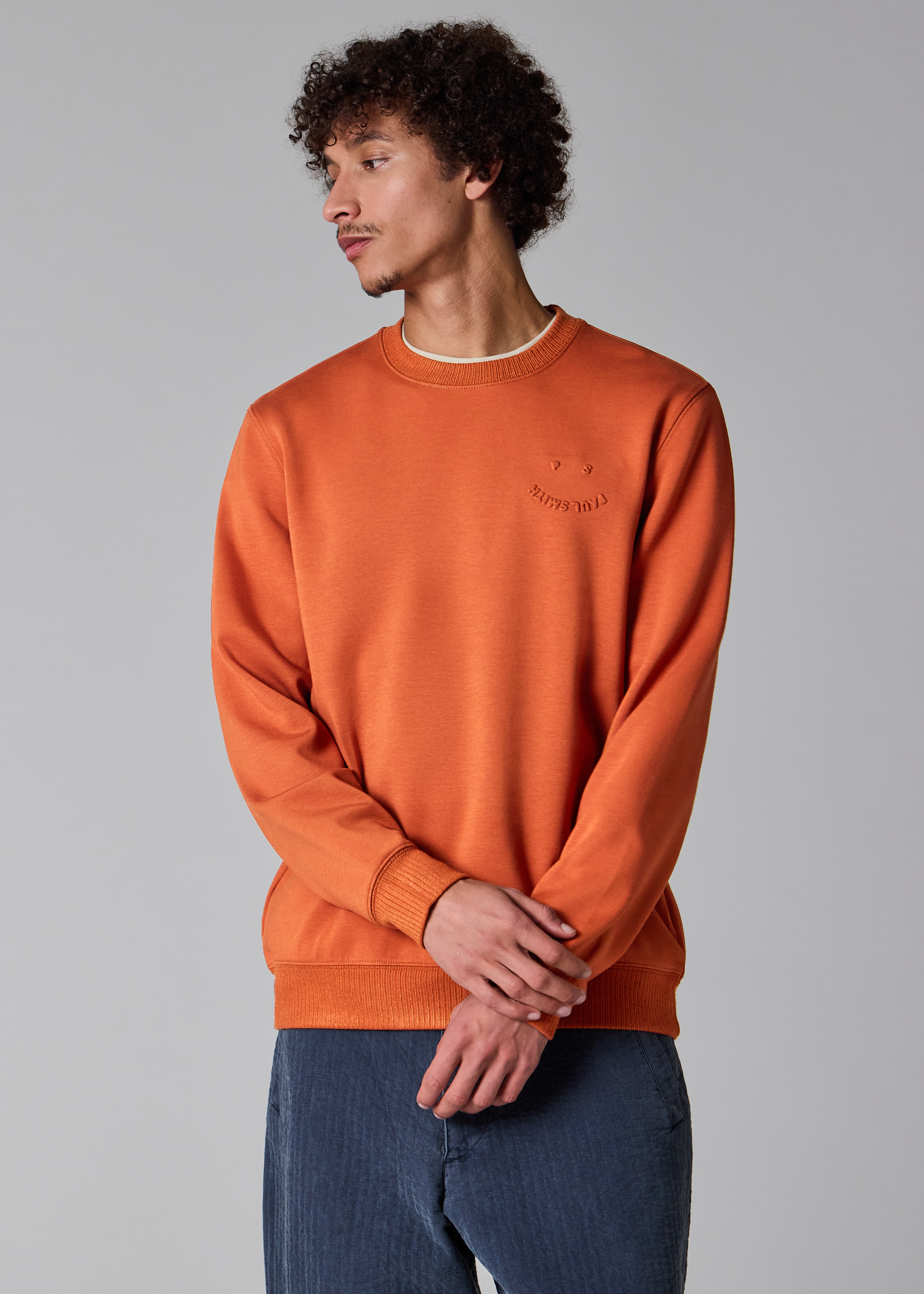 Rust Orange Embossed 'Happy' Crew Neck Sweater