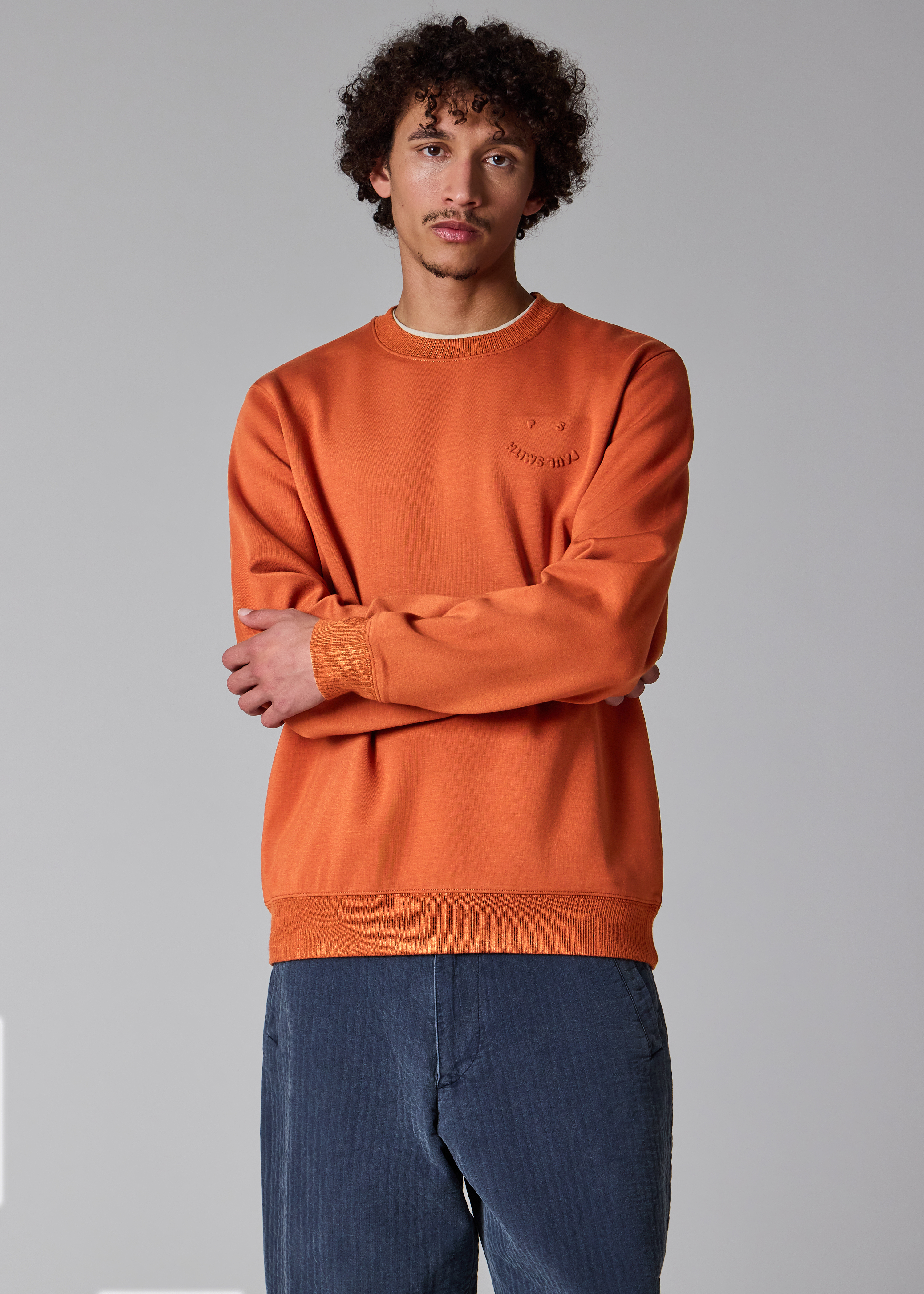 Rust Orange Embossed 'Happy' Crew Neck Sweater