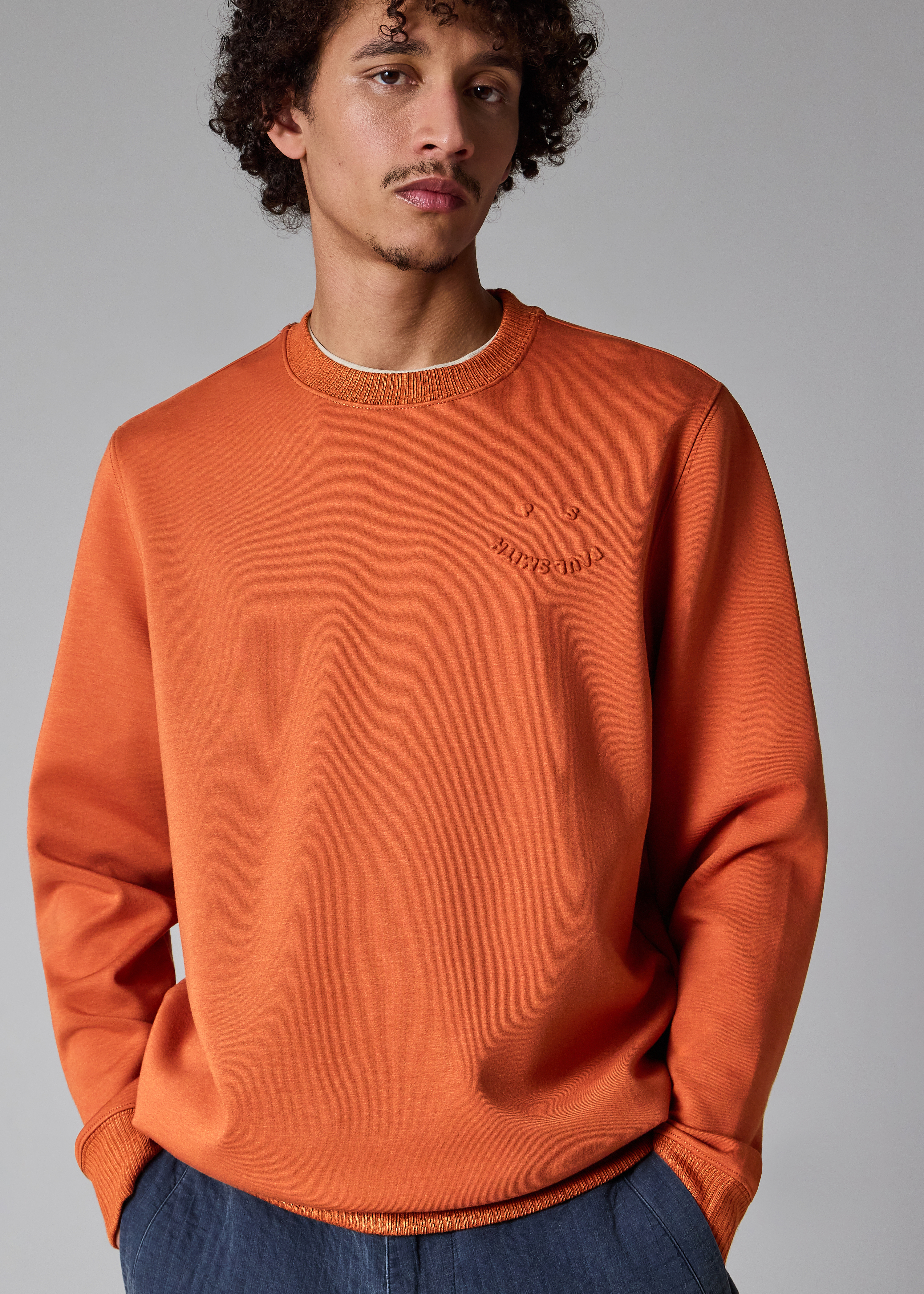 Rust Orange Embossed 'Happy' Crew Neck Sweater