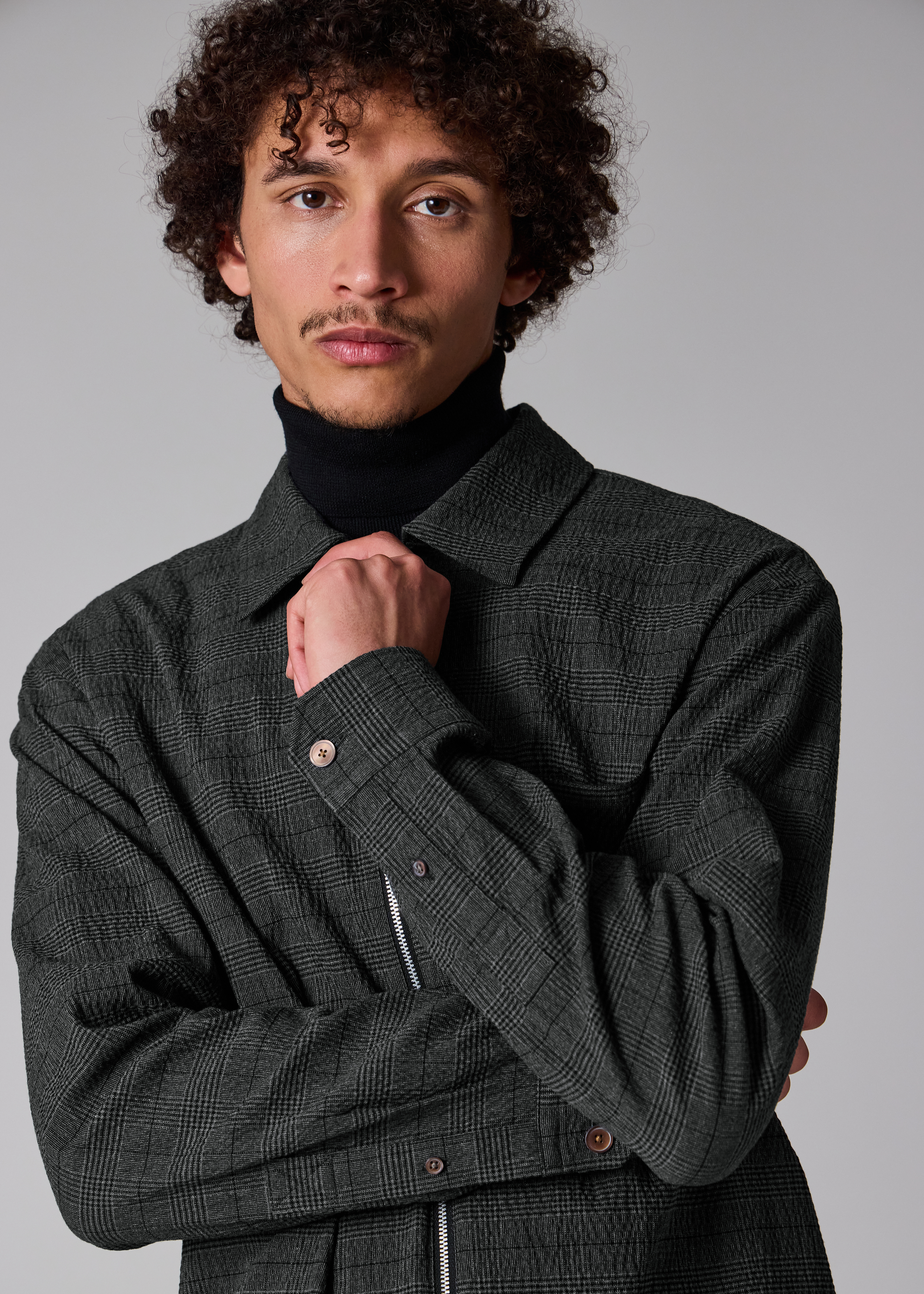 Grey Textured-Cotton Check Zip Overshirt