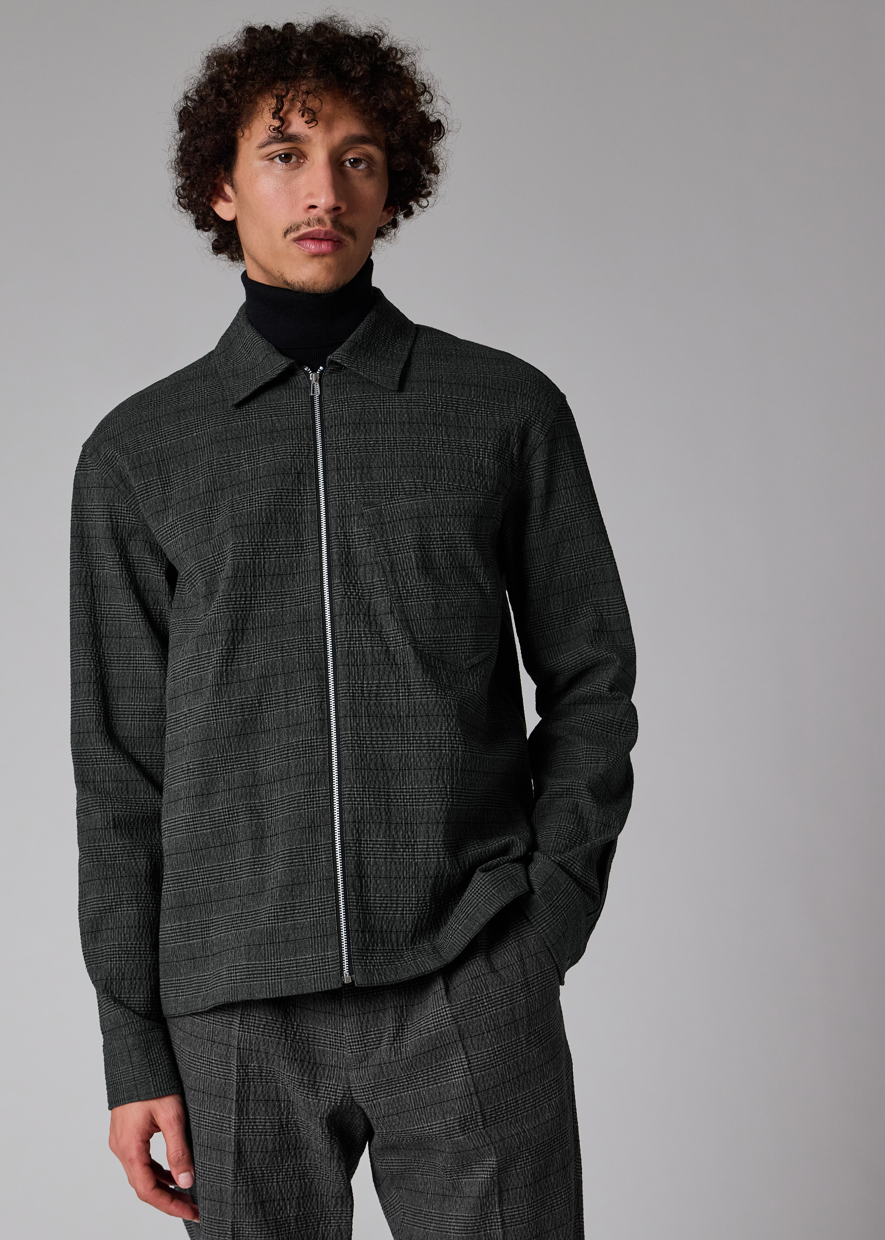 Grey Textured-Cotton Check Zip Overshirt