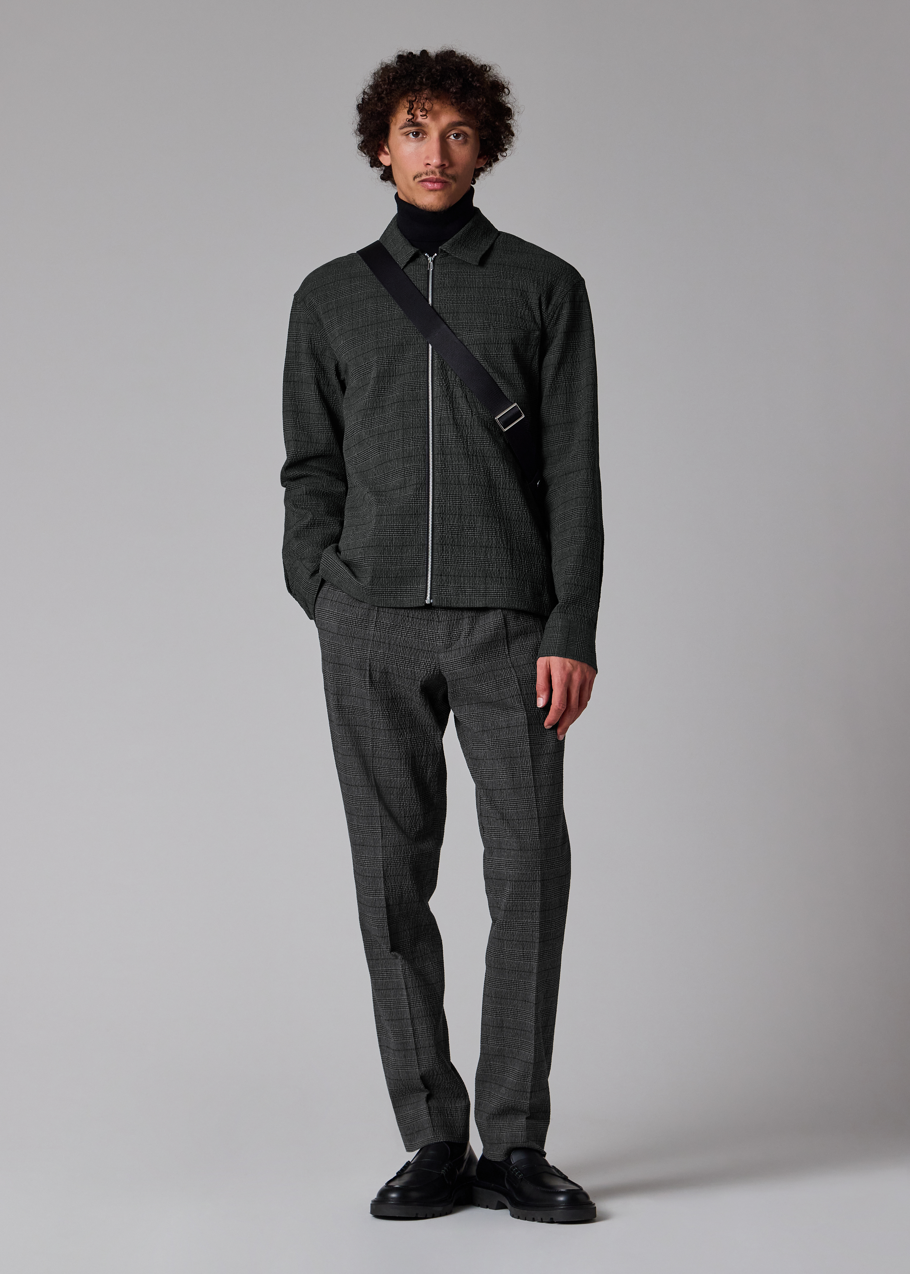 Grey Textured-Cotton Check Zip Overshirt