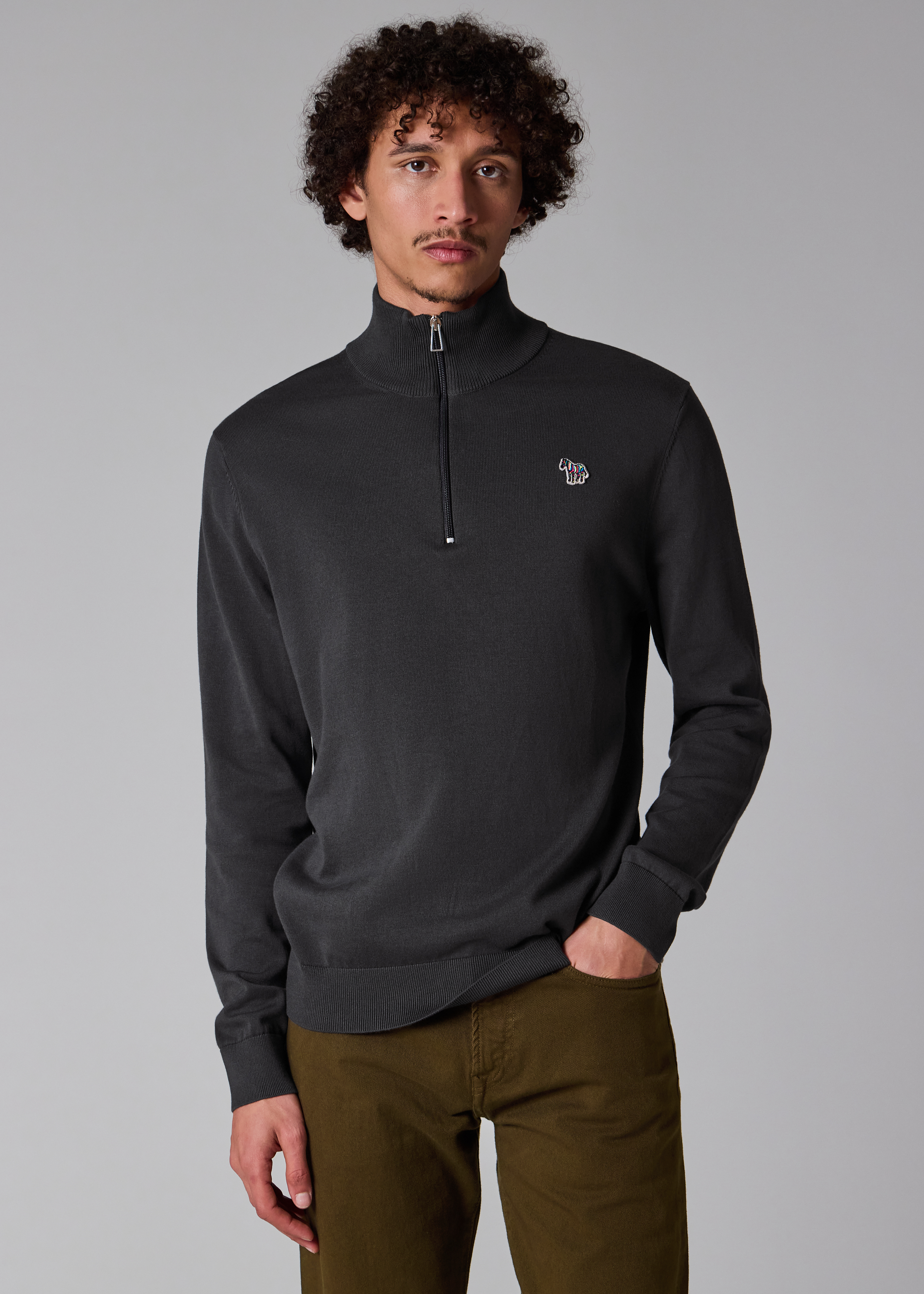 Dark Grey Organic Cotton Quarter Zip Zebra Logo Sweater