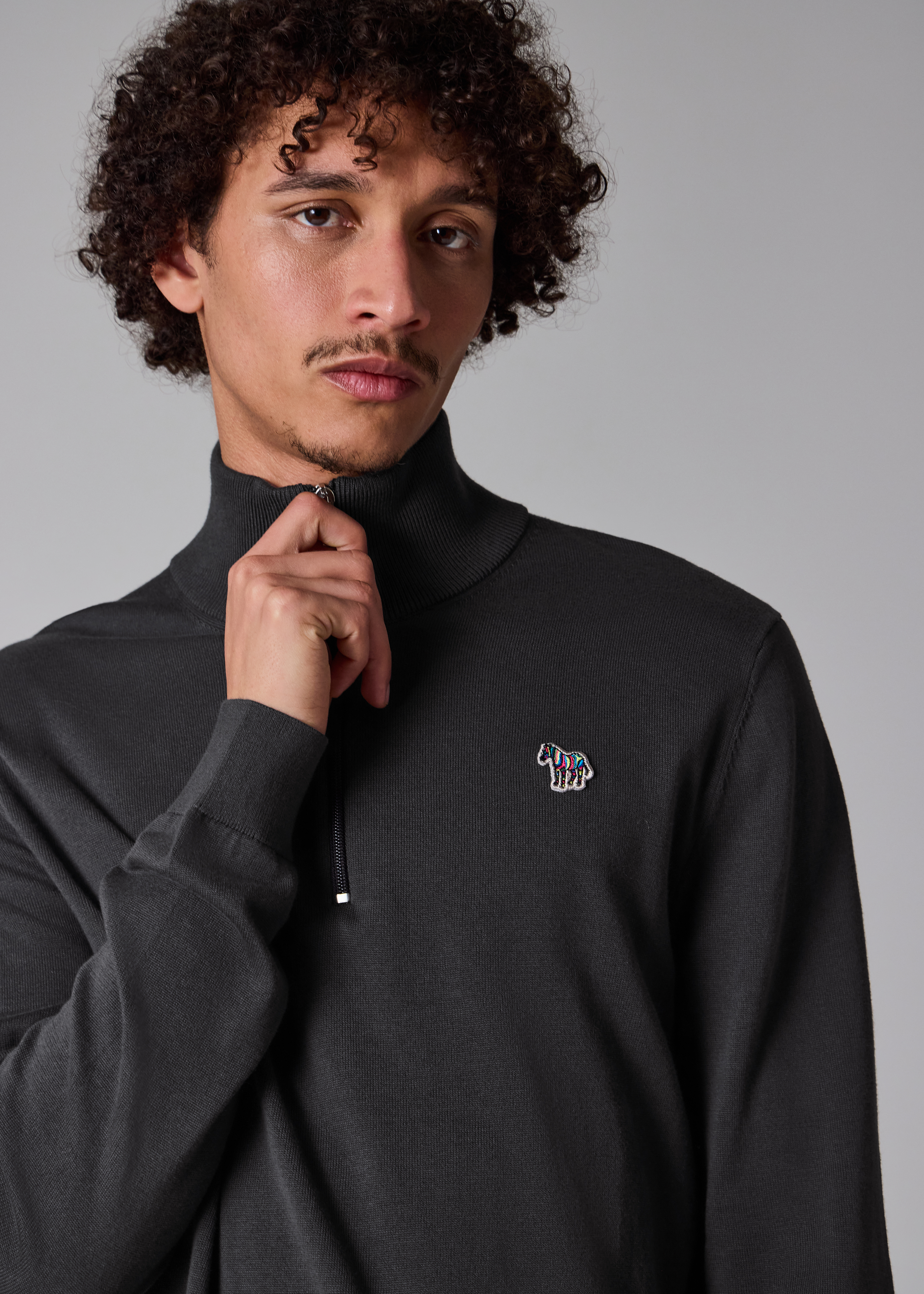 Dark Grey Organic Cotton Quarter Zip Zebra Logo Sweater