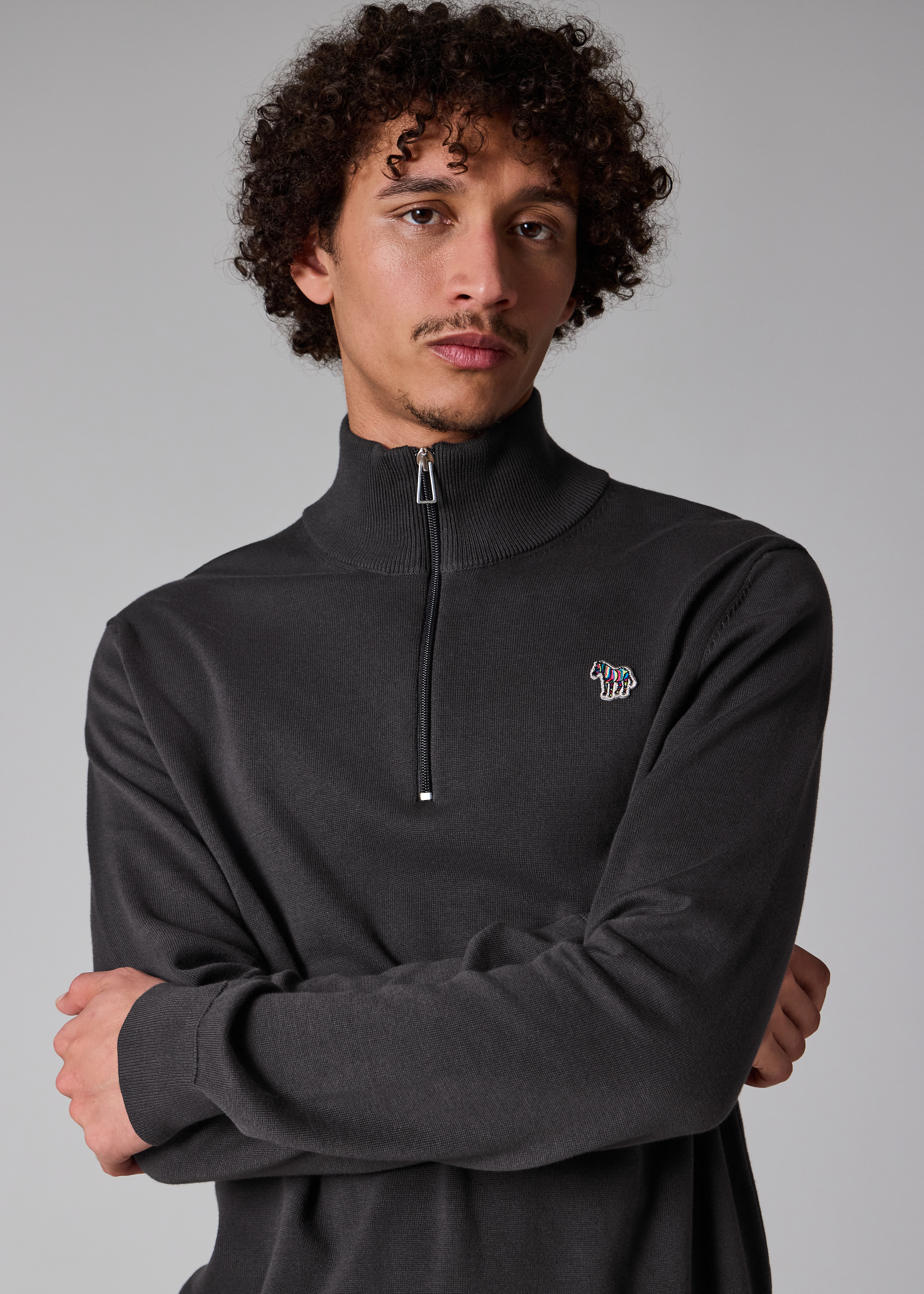 Dark Grey Organic Cotton Quarter Zip Zebra Logo Sweater