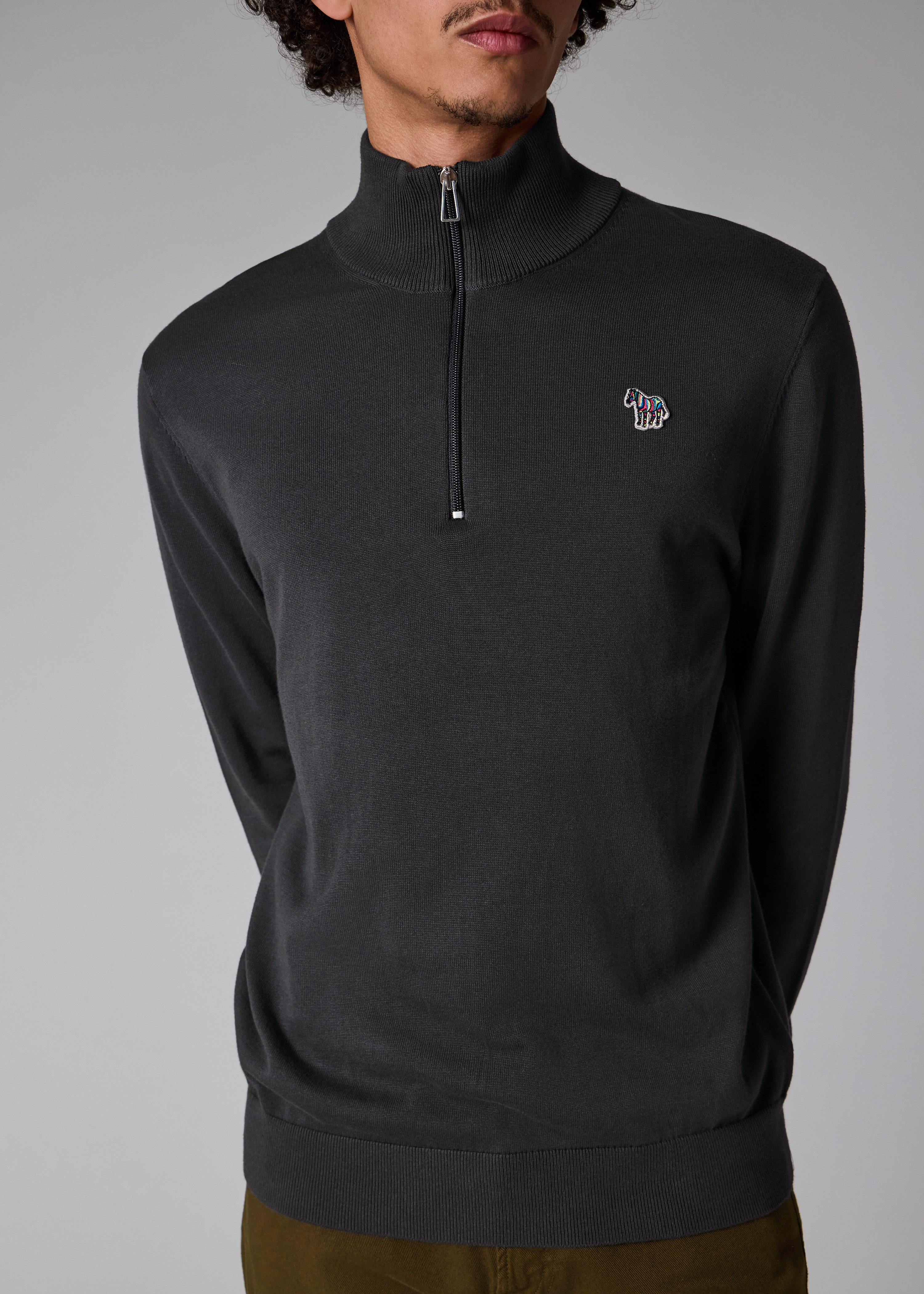 Dark Grey Organic Cotton Quarter Zip Zebra Logo Sweater