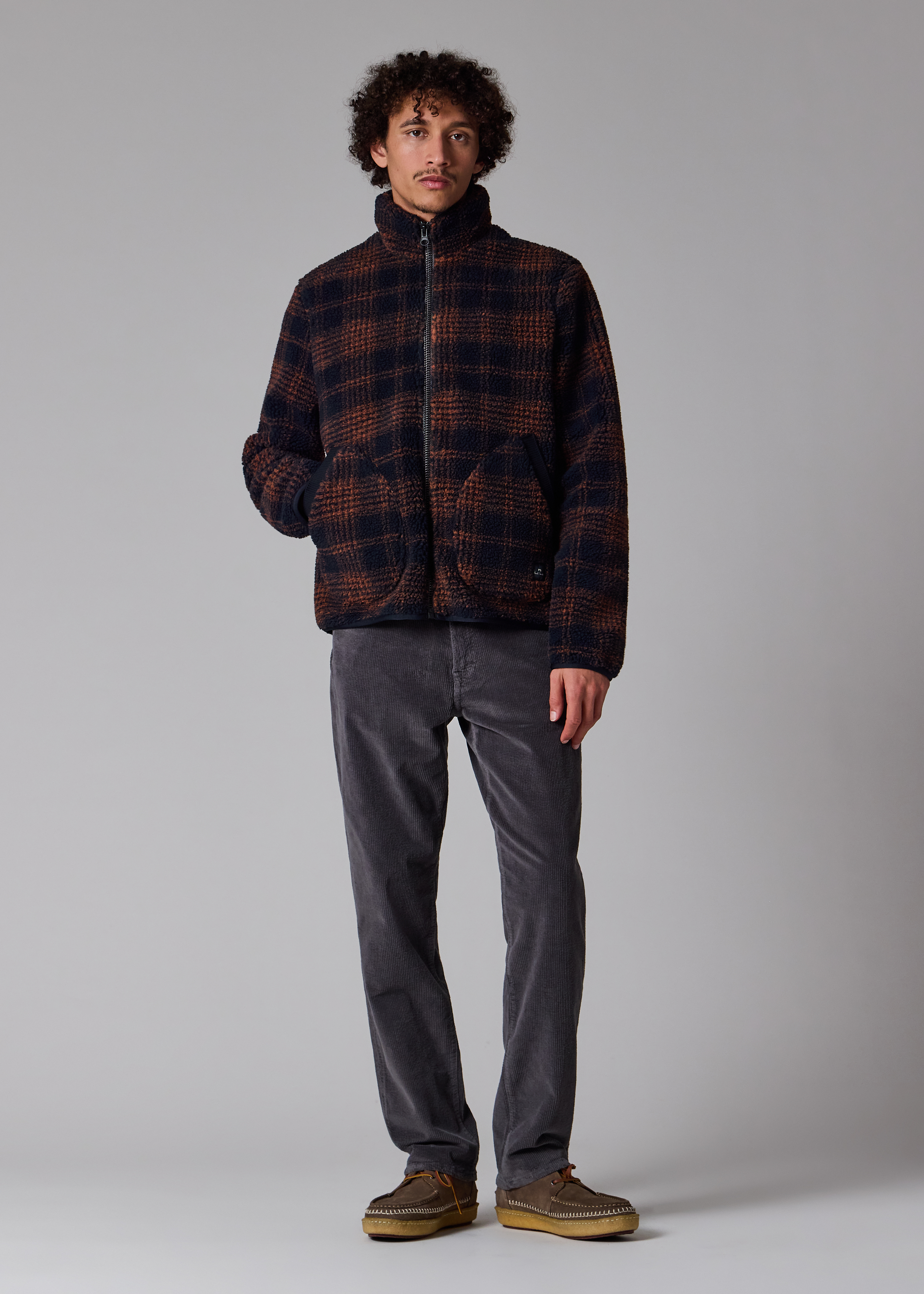 Navy and Orange Check Zip Fleece Jacket