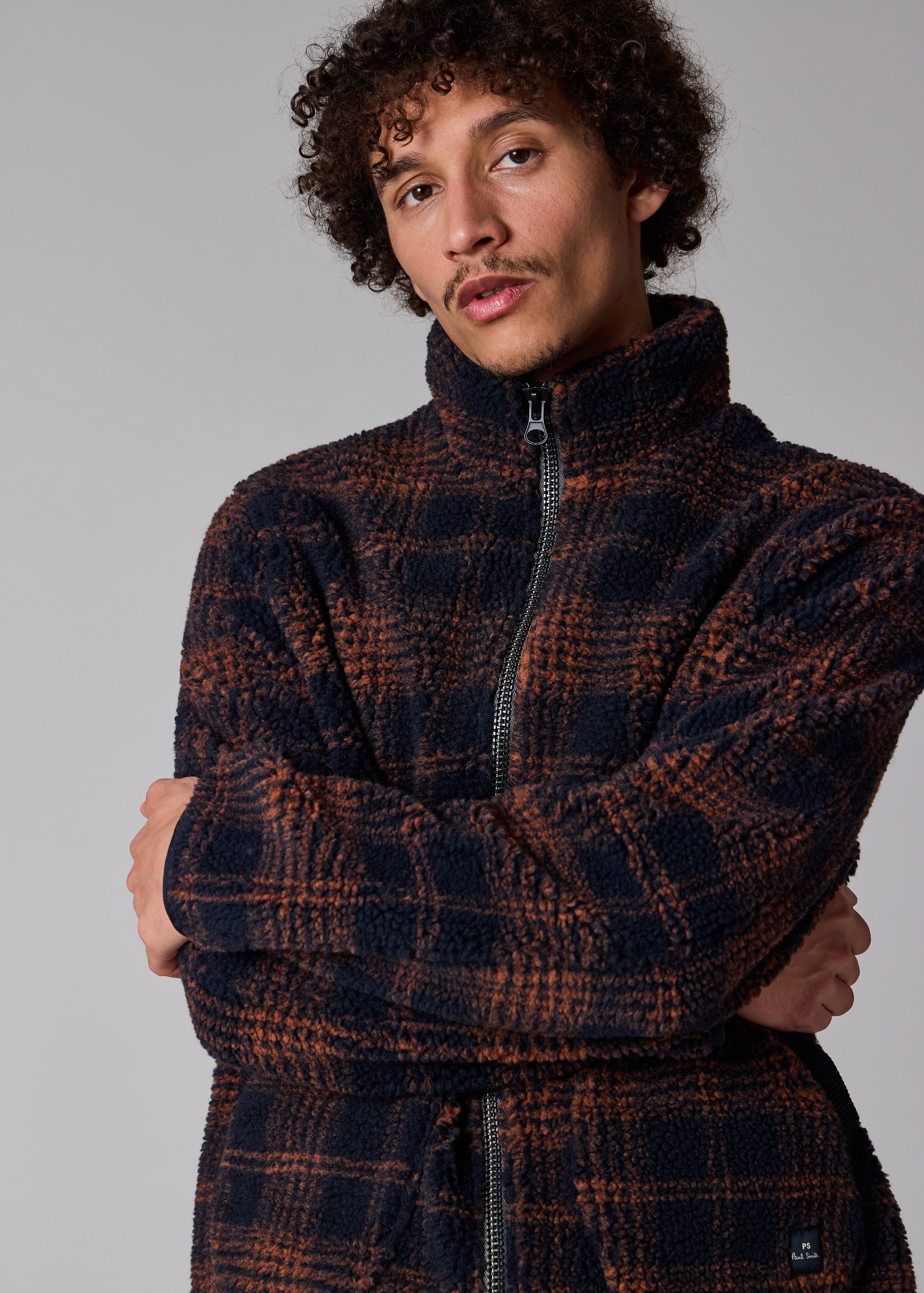 Navy and Orange Check Zip Fleece Jacket