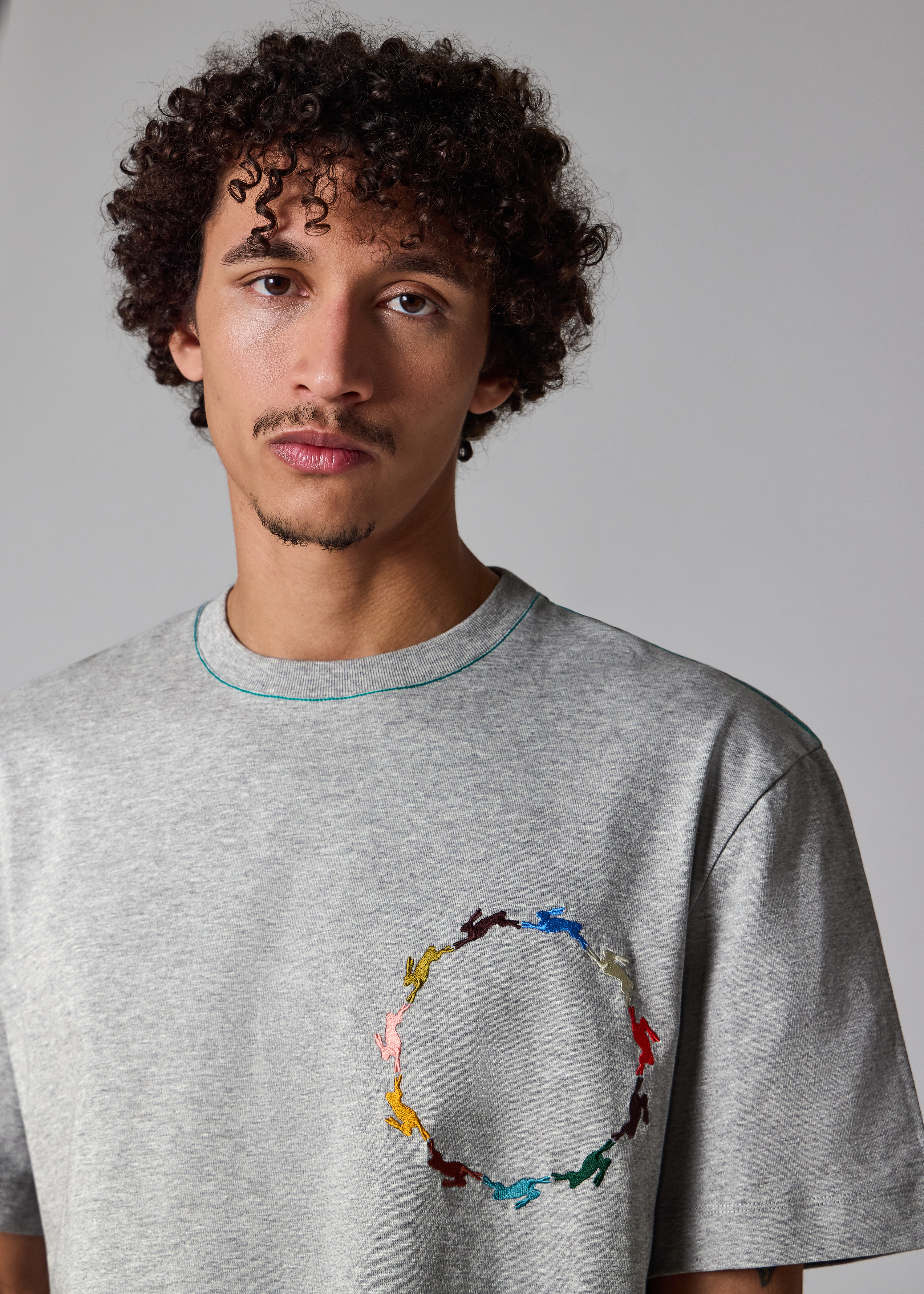 Grey T-Shirt with Multicolour Rabbit Embroidery