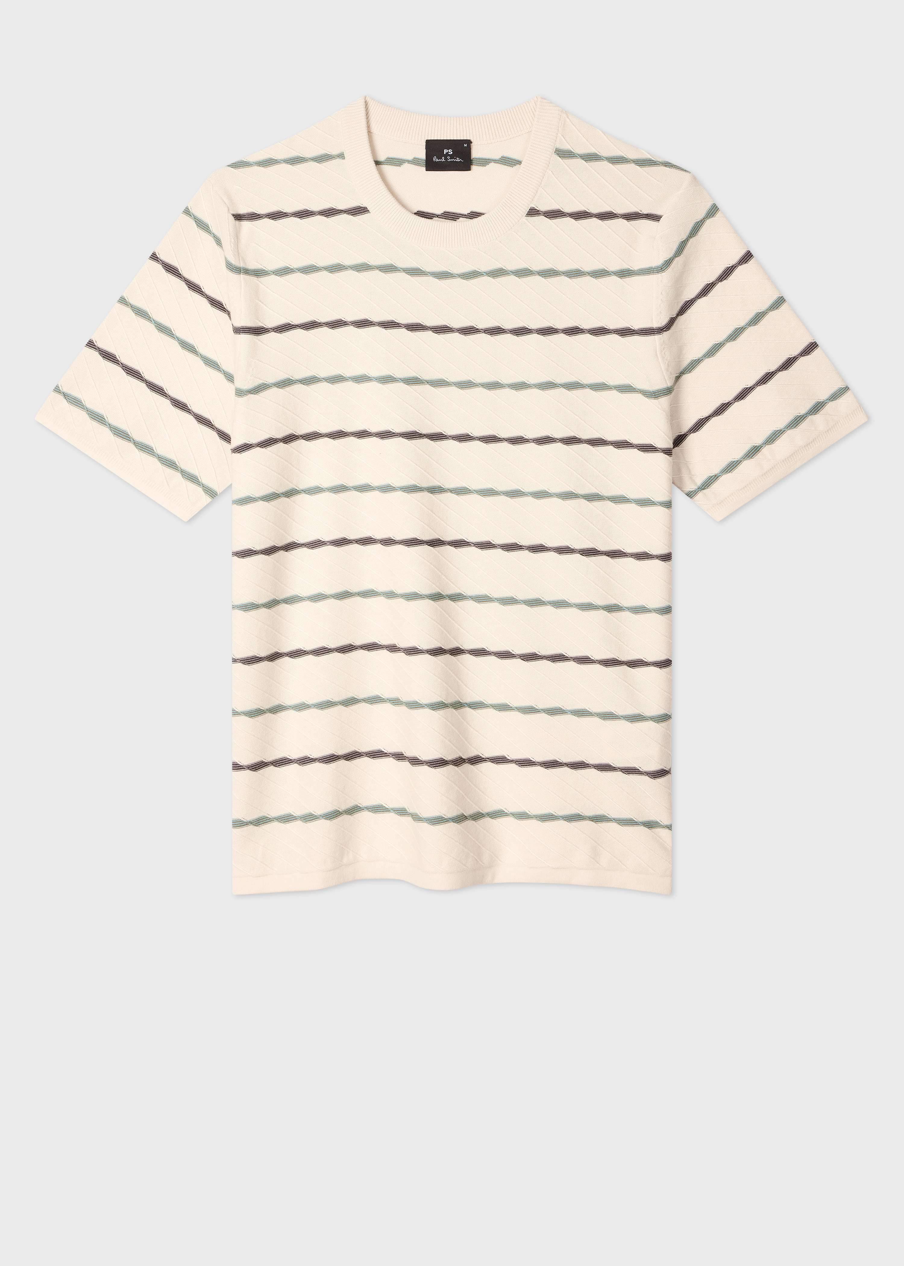 Ecru Textured Stripe Knitted Cotton T-Shirt