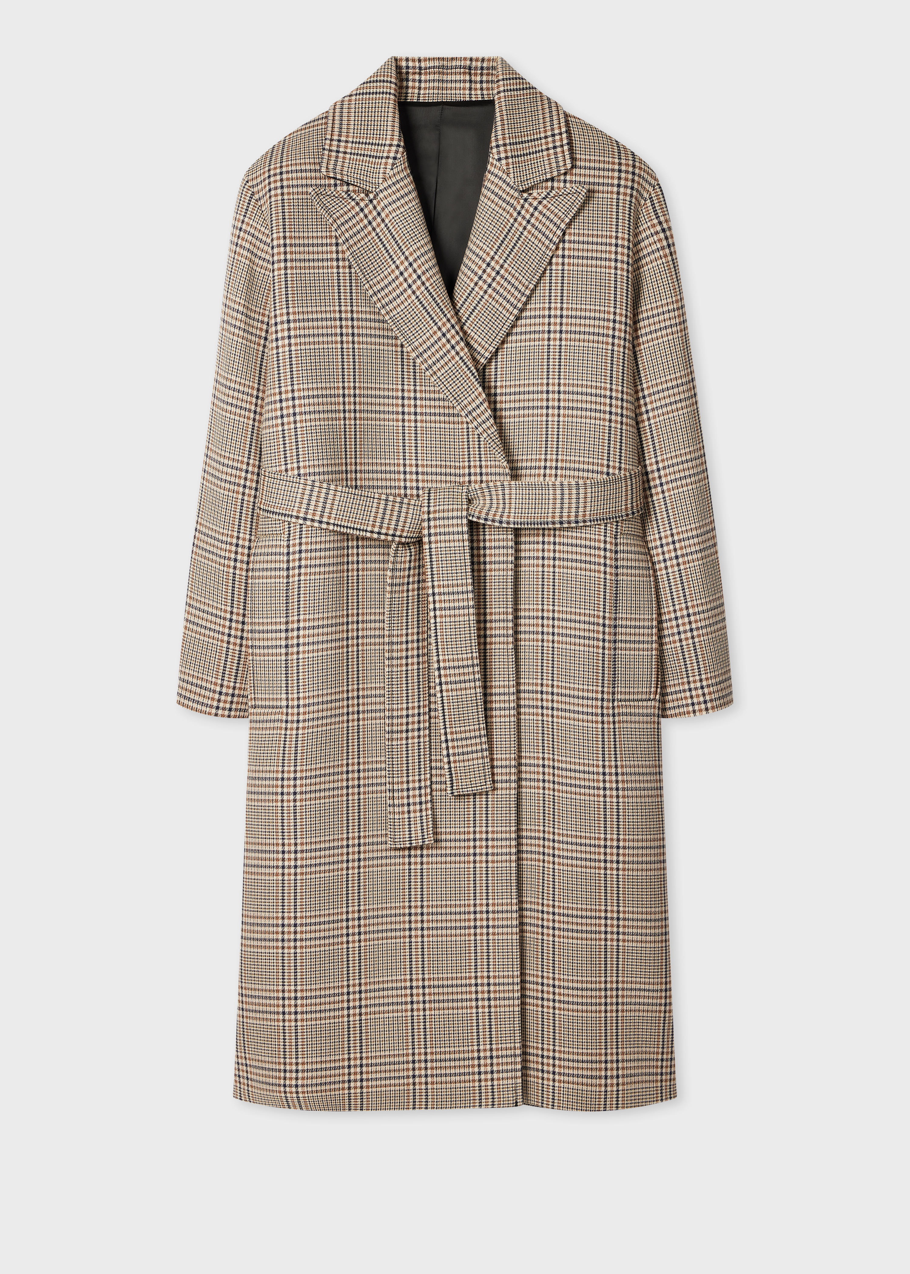 Women's Brown Wool-Blend Check Houndstooth Tie-Waist Coat