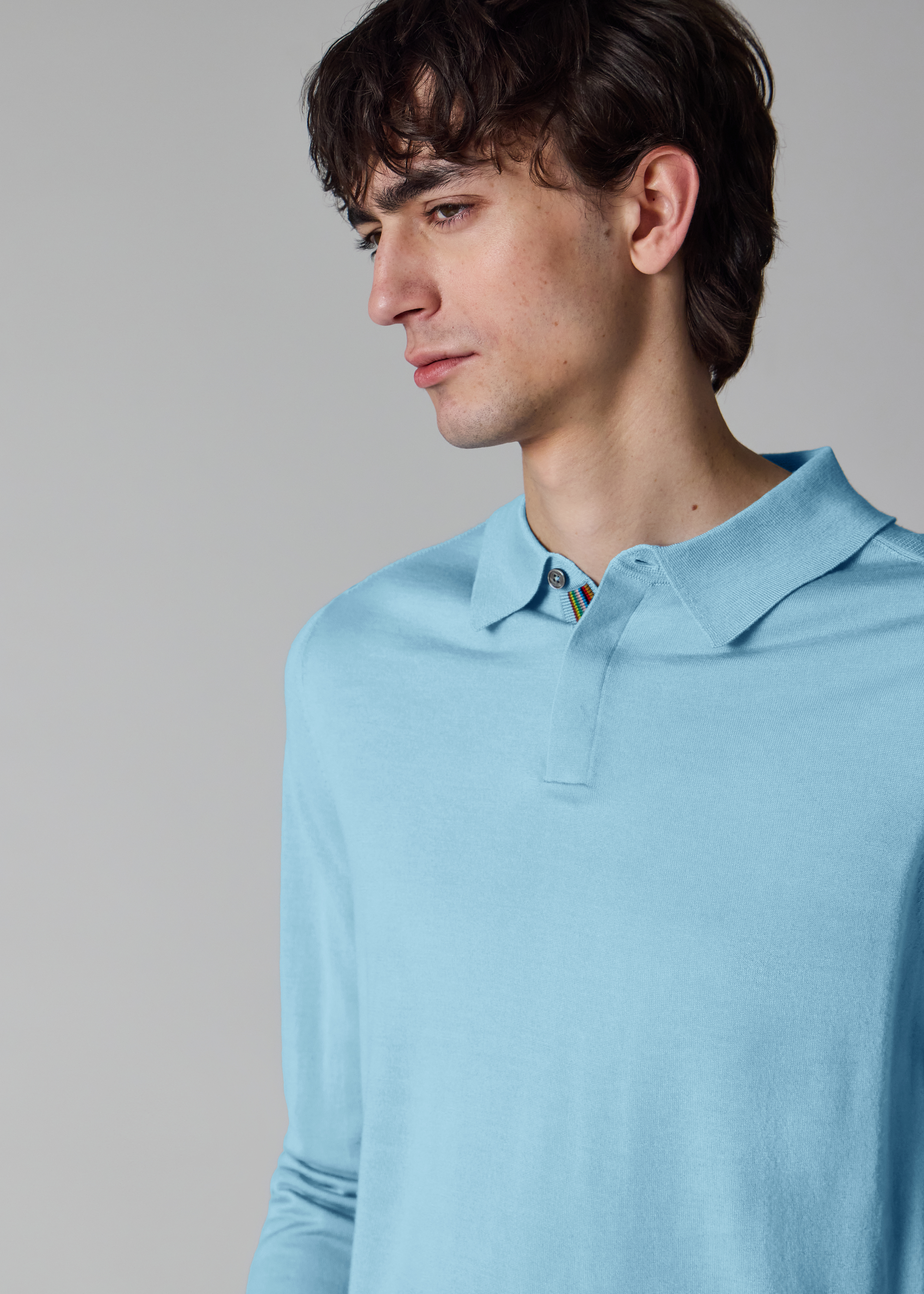 Sky Blue Merino Wool Knitted Long-Sleeve Polo Shirt
