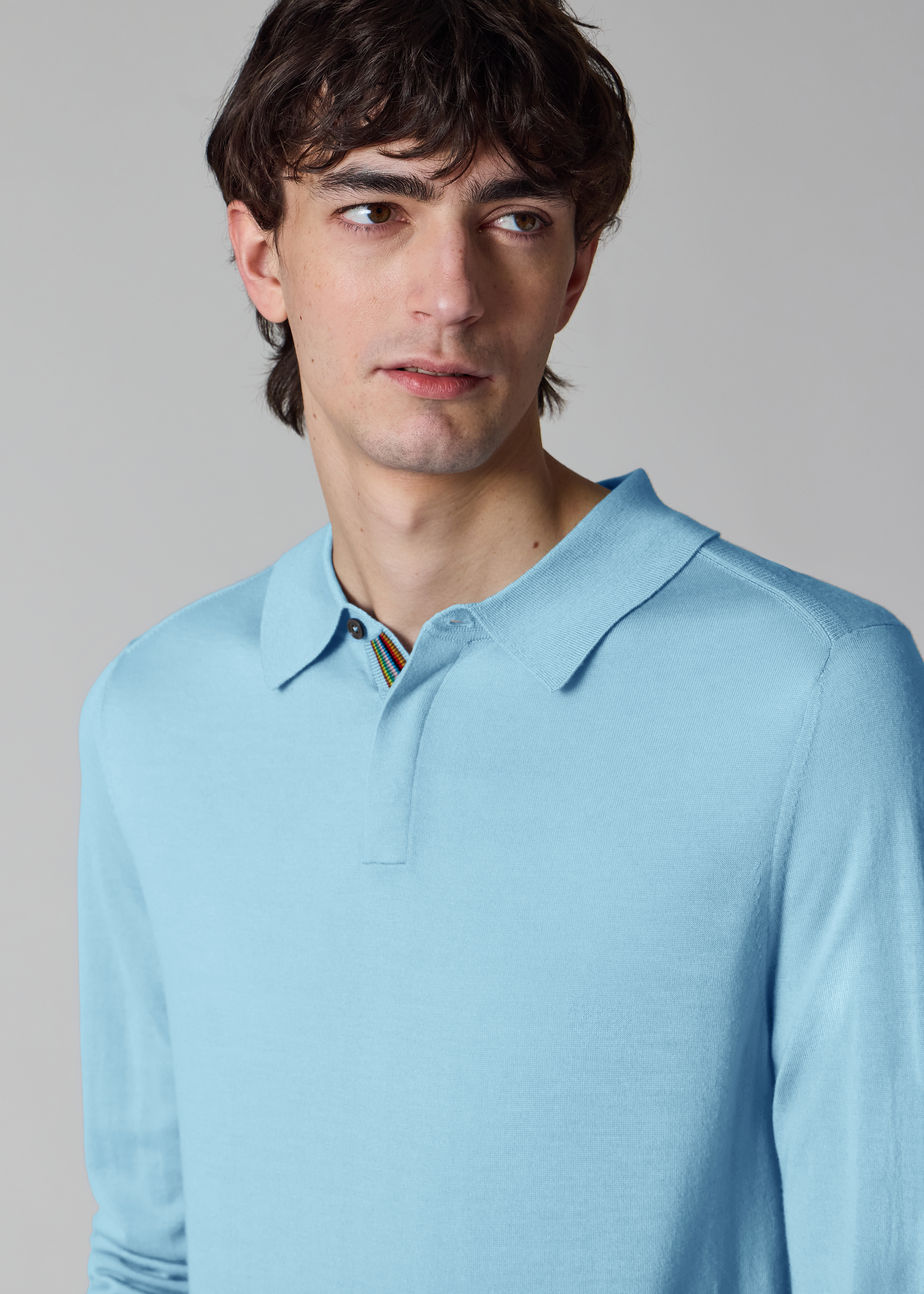 Sky Blue Merino Wool Knitted Long-Sleeve Polo Shirt