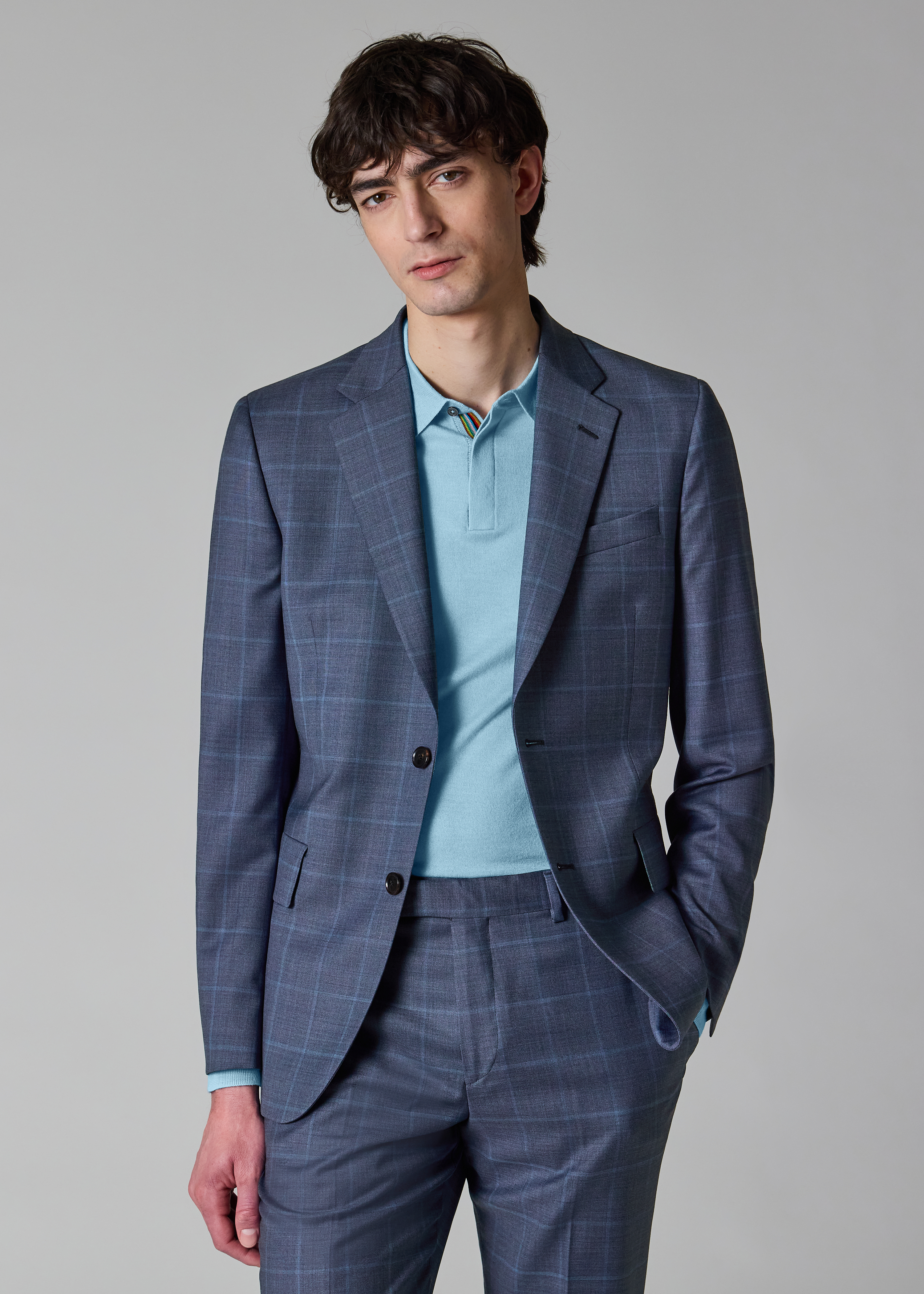 Sky Blue Merino Wool Knitted Long-Sleeve Polo Shirt