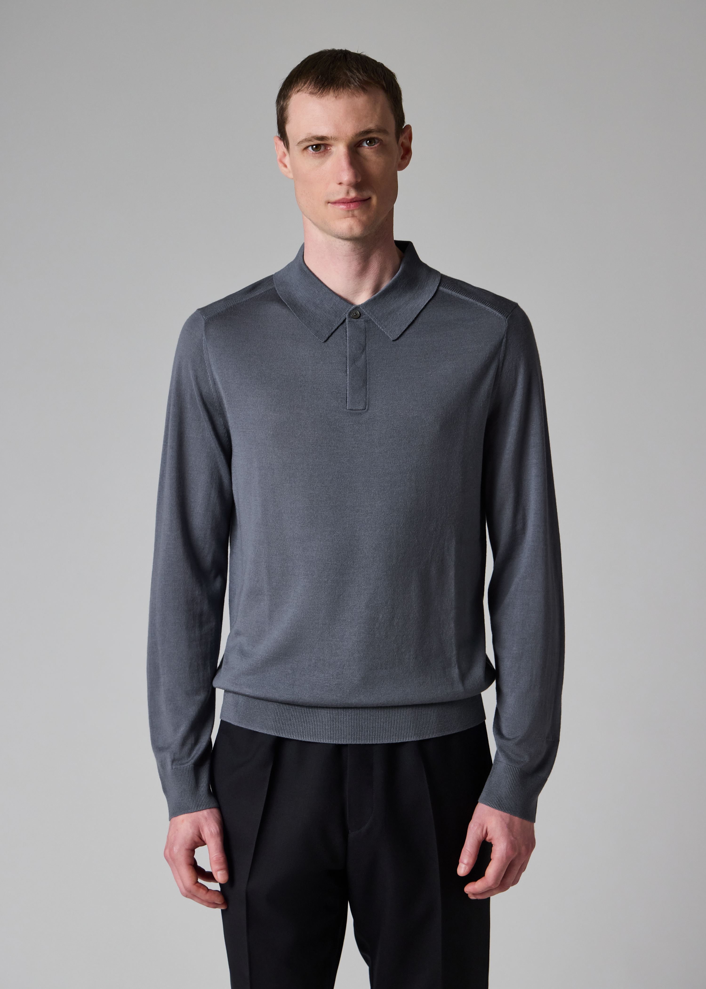 Steel Blue Merino Wool Knitted Long-Sleeve Polo Shirt