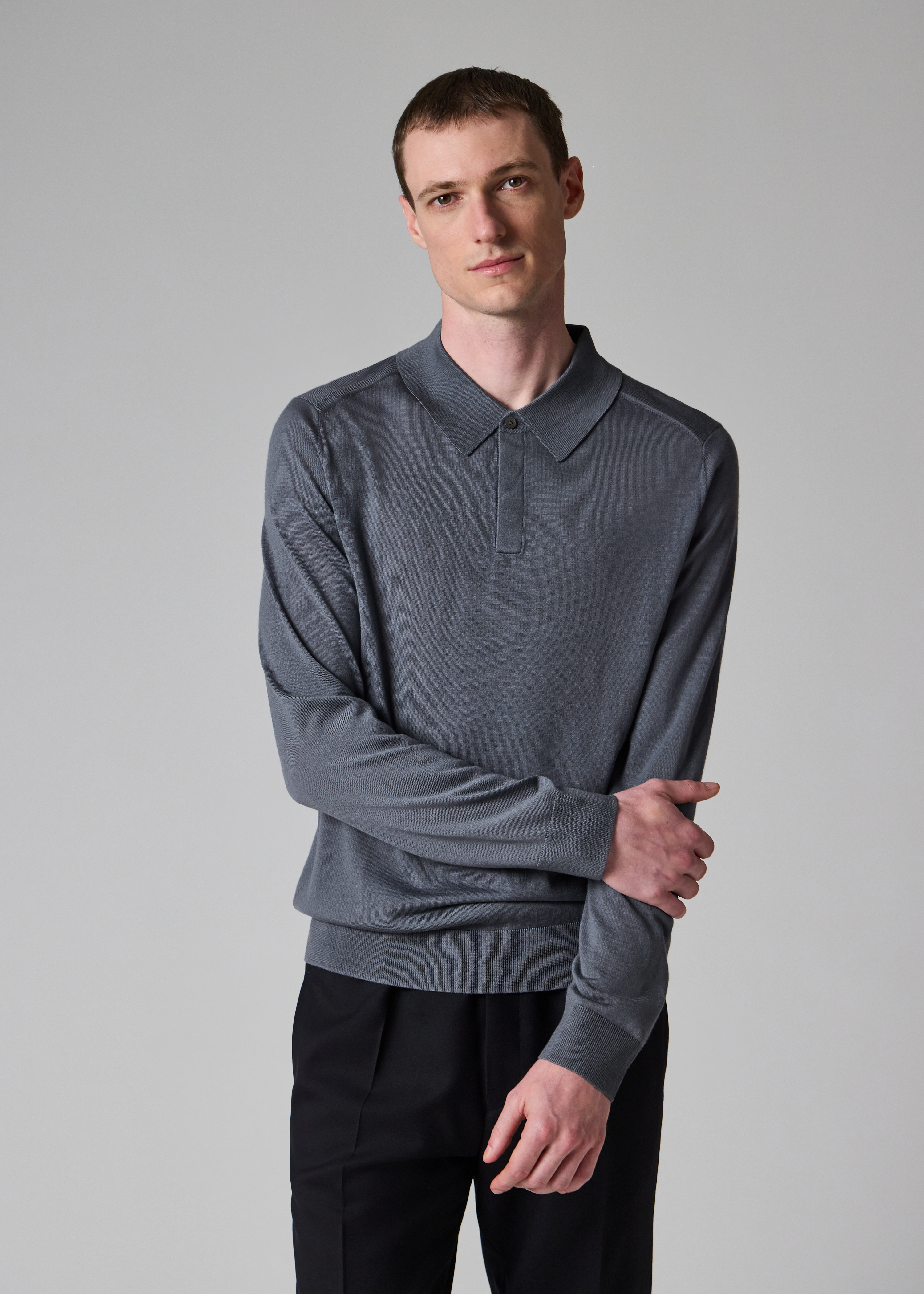 Steel Blue Merino Wool Knitted Long-Sleeve Polo Shirt
