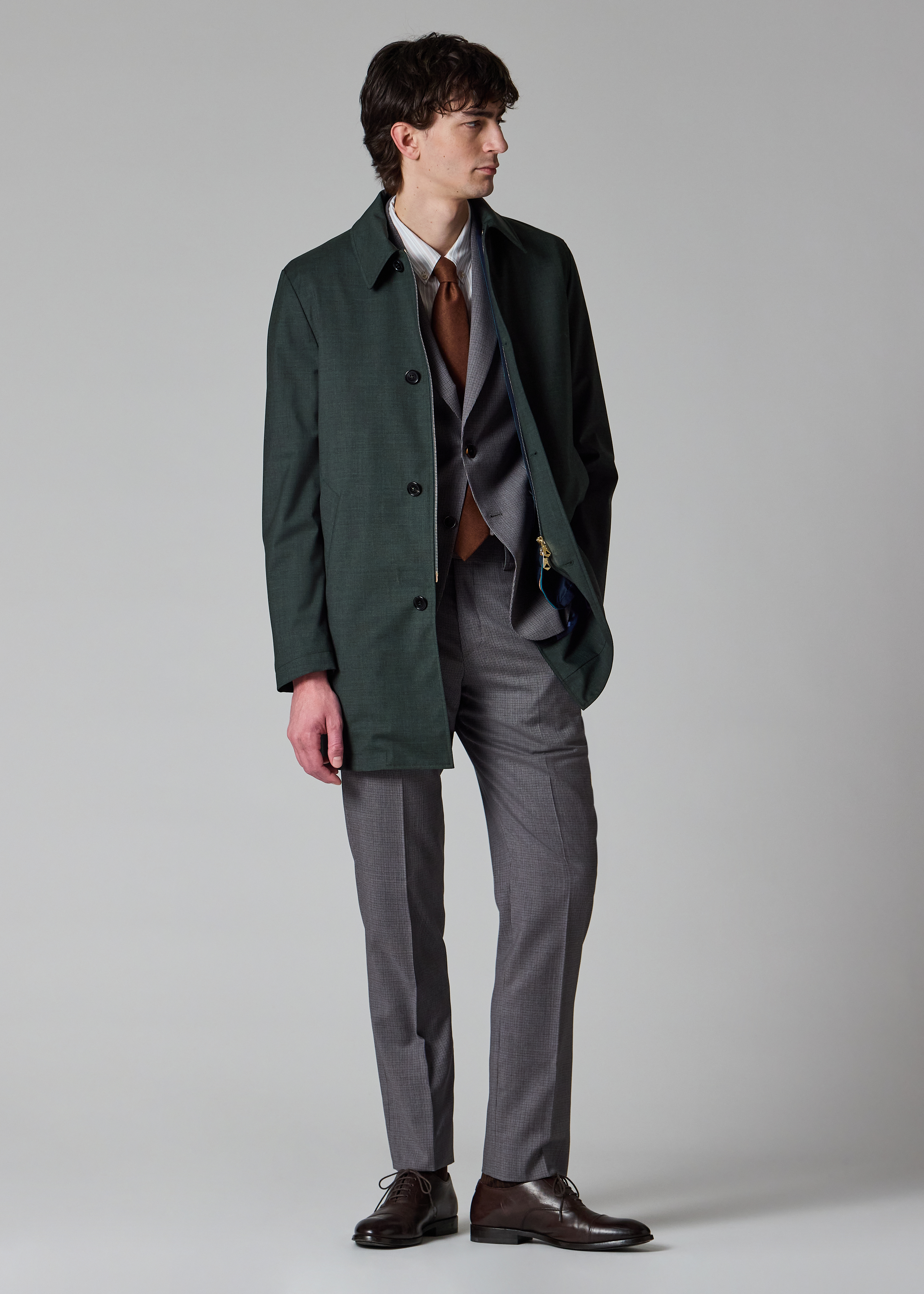Dark Green Melange 'Storm System' Wool Mac With Detachable Gilet