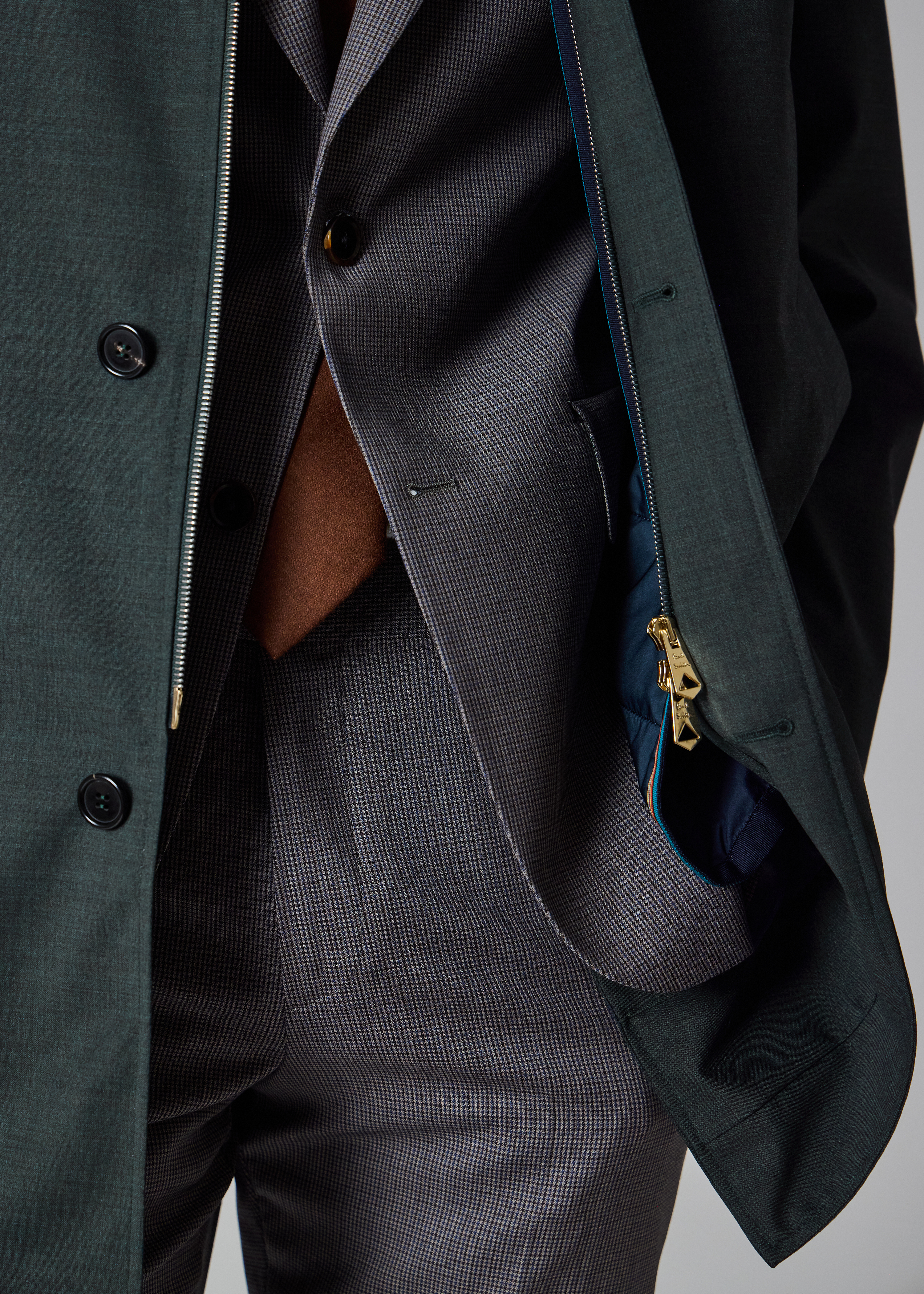 Dark Green Melange 'Storm System' Wool Mac With Detachable Gilet