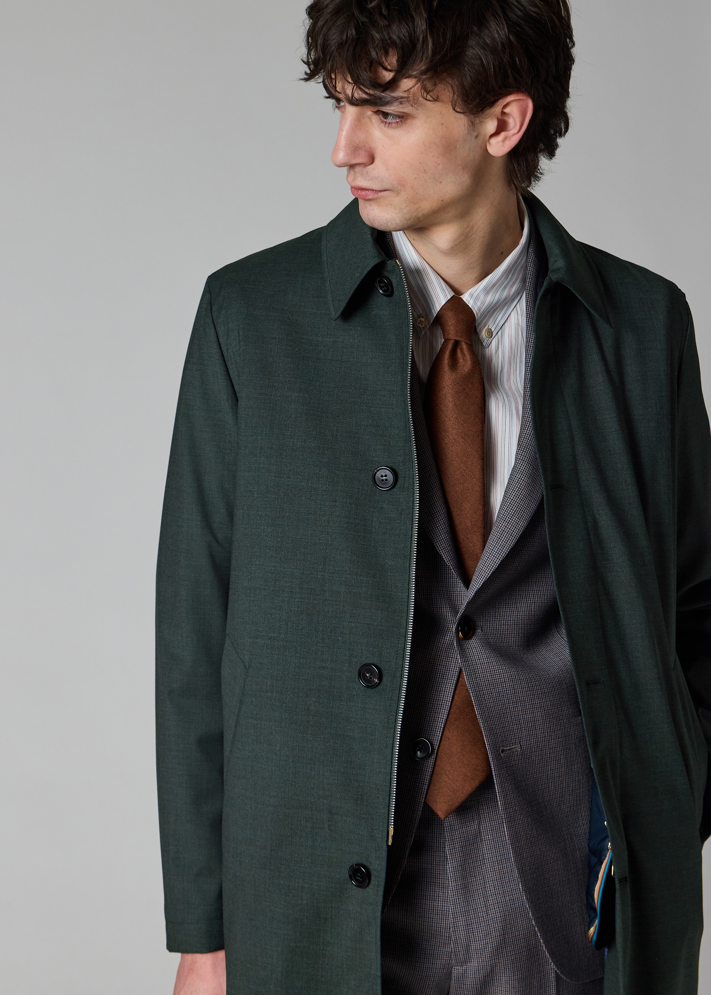 Dark Green Melange 'Storm System' Wool Mac With Detachable Gilet