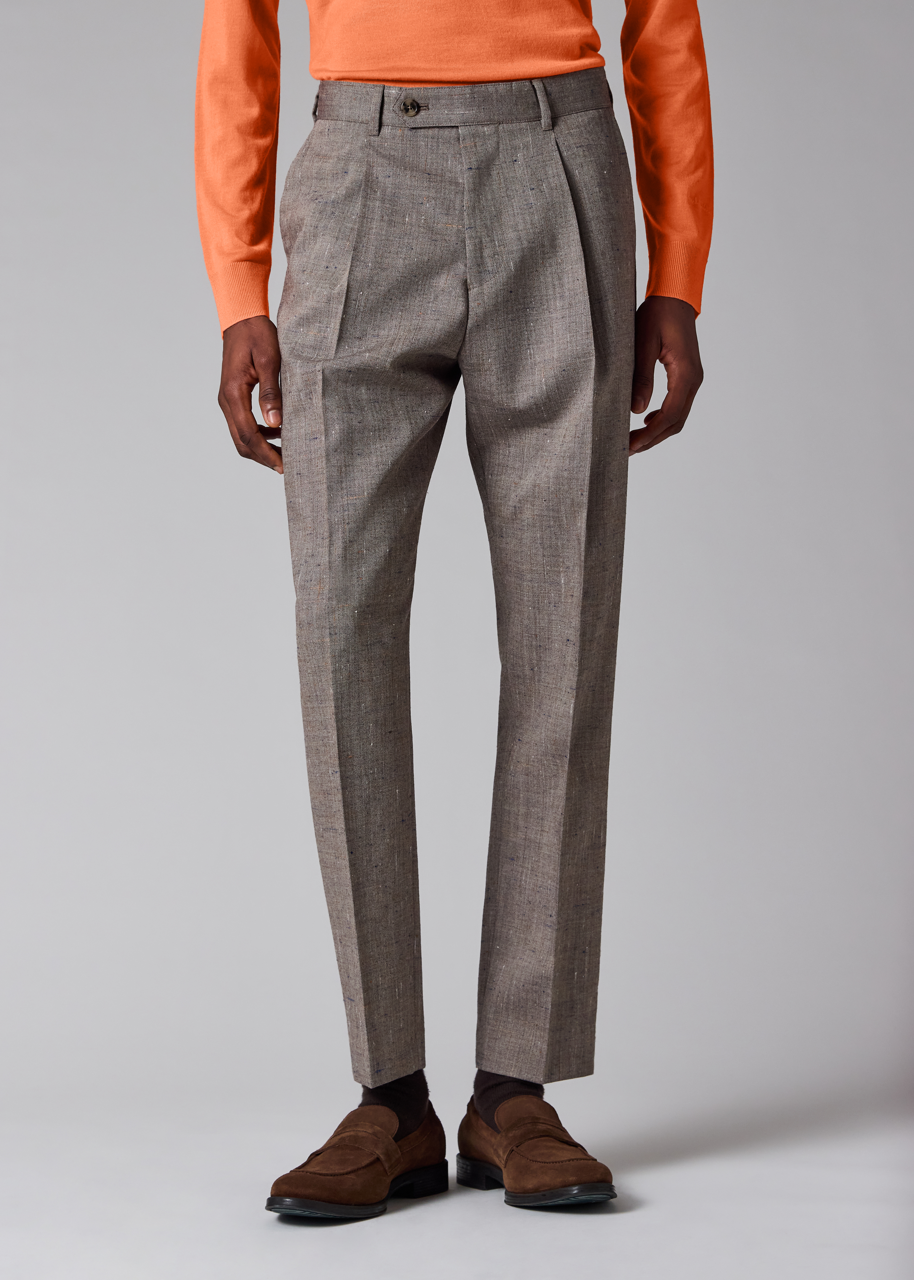 Tapered-Fit Brown Flecked Wool-Viscose Pleated Trousers