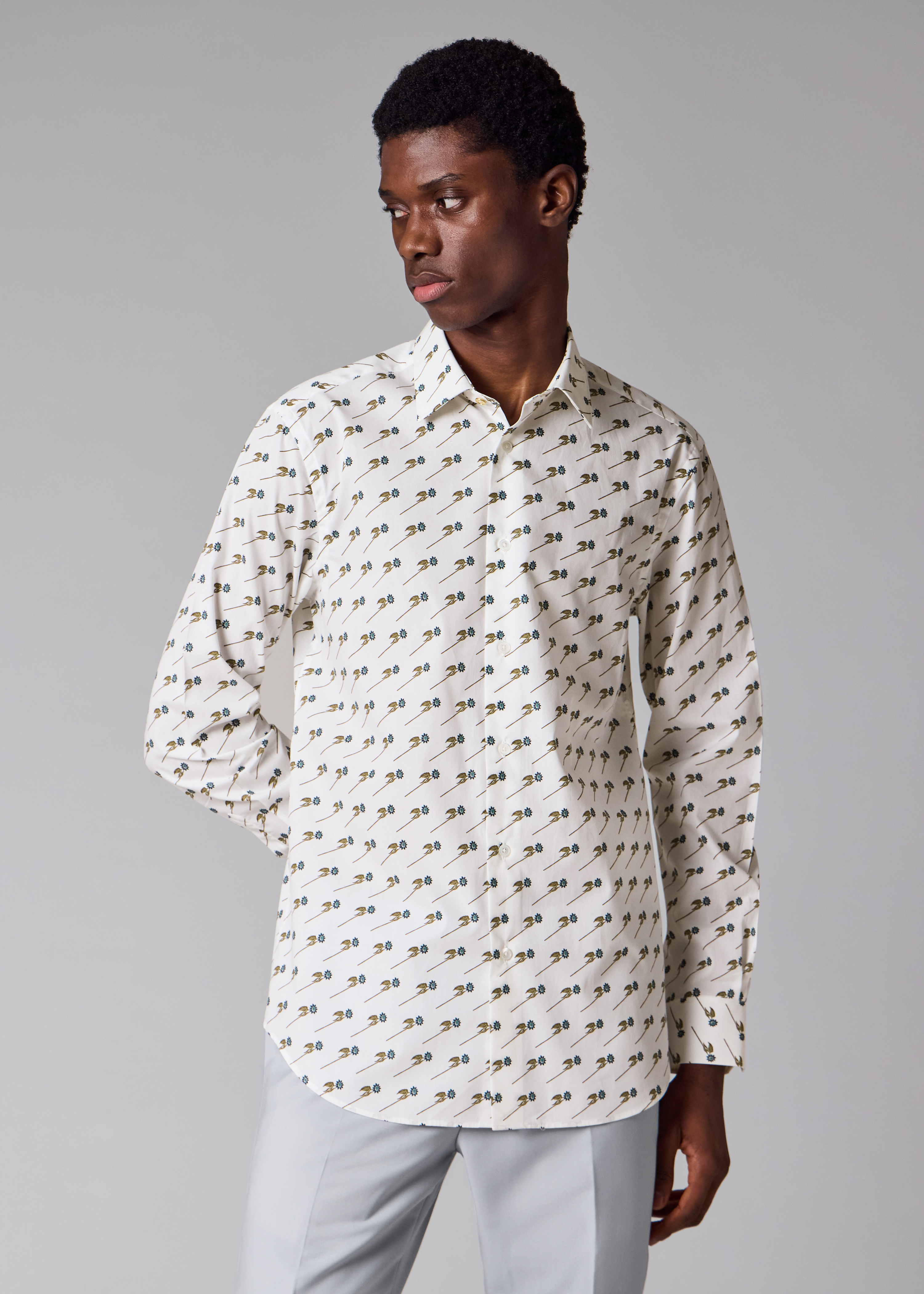 Tailored-Fit White 'Floral' Organic Cotton Shirt
