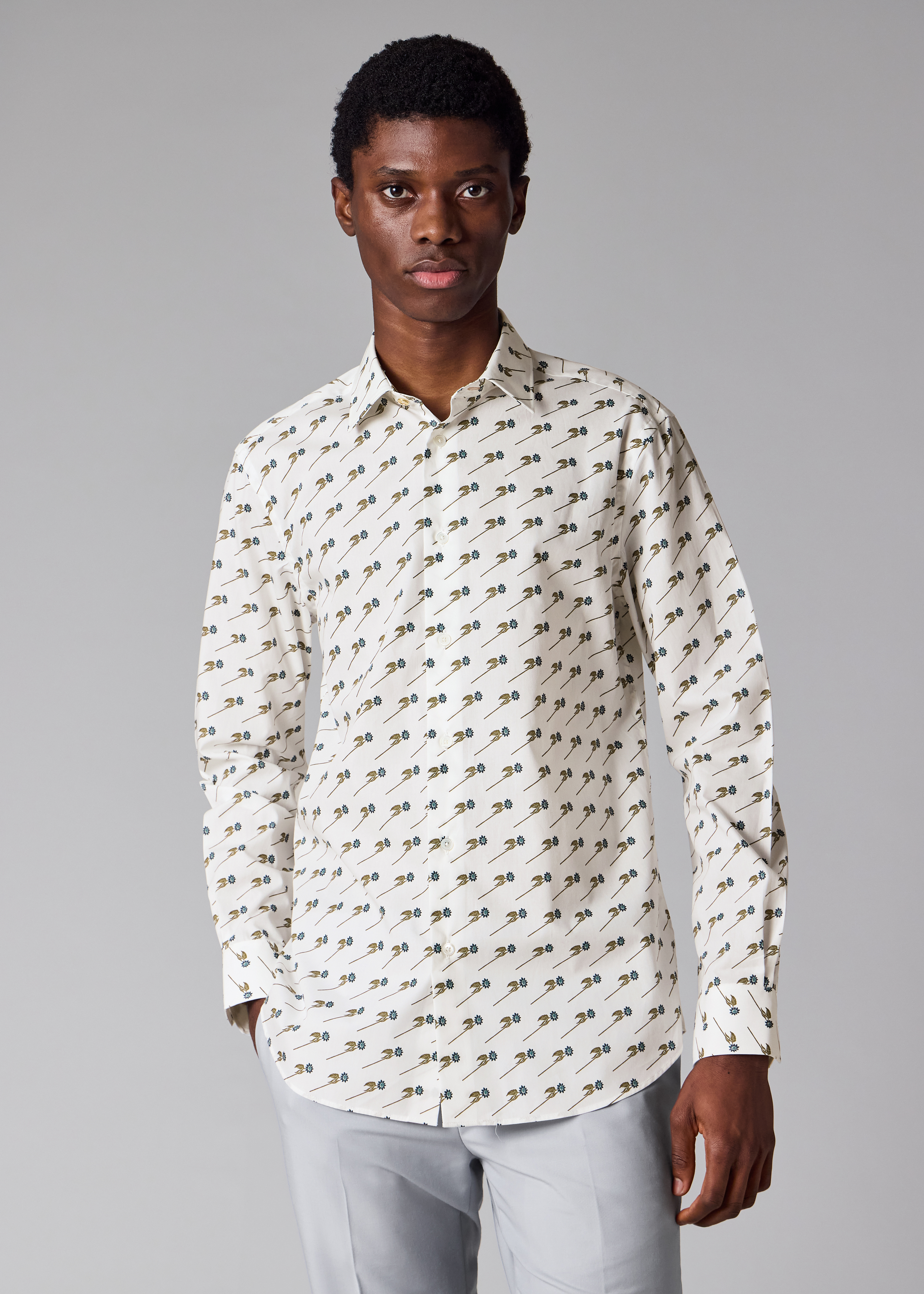 Tailored-Fit White 'Floral' Organic Cotton Shirt
