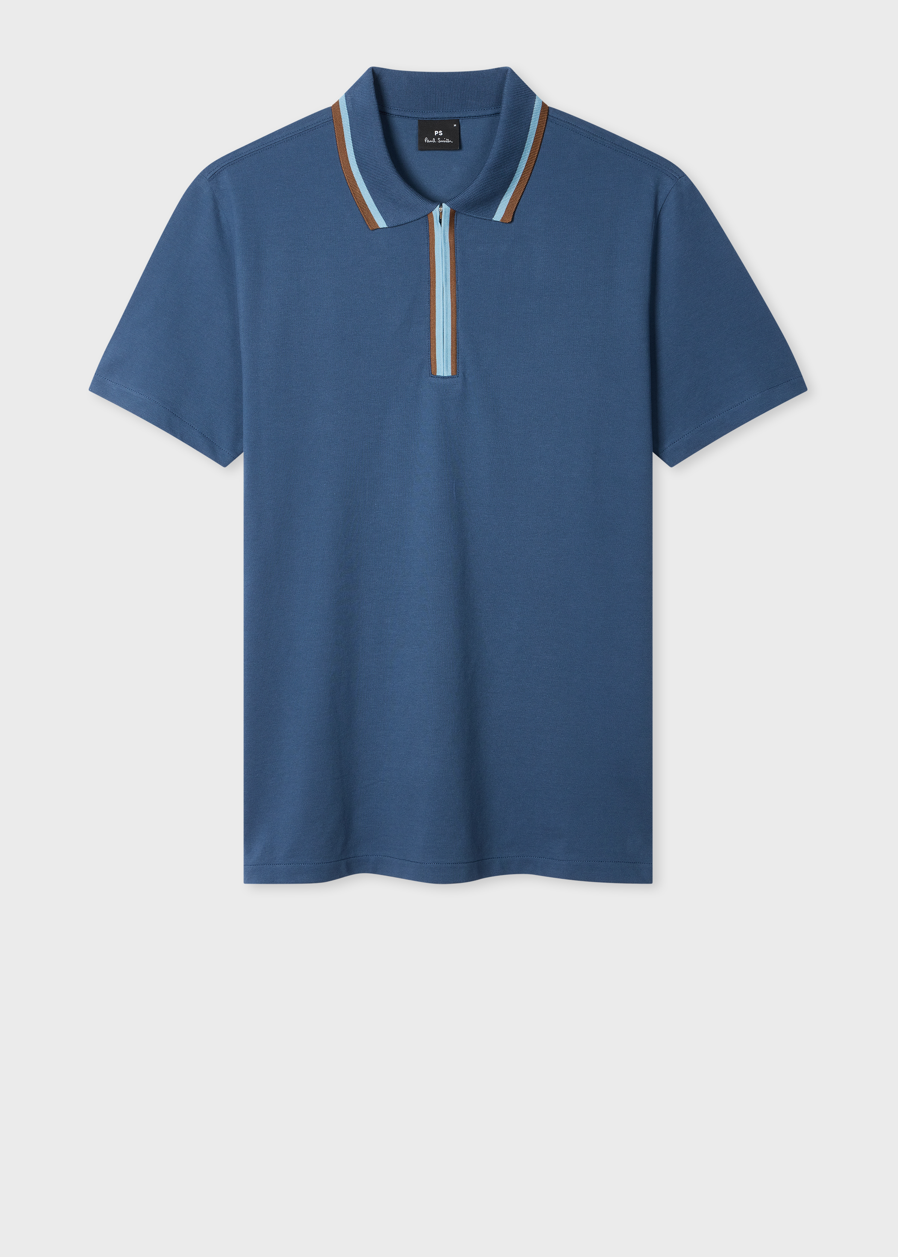 Mid Blue Contrast Tipping Zip Polo Shirt