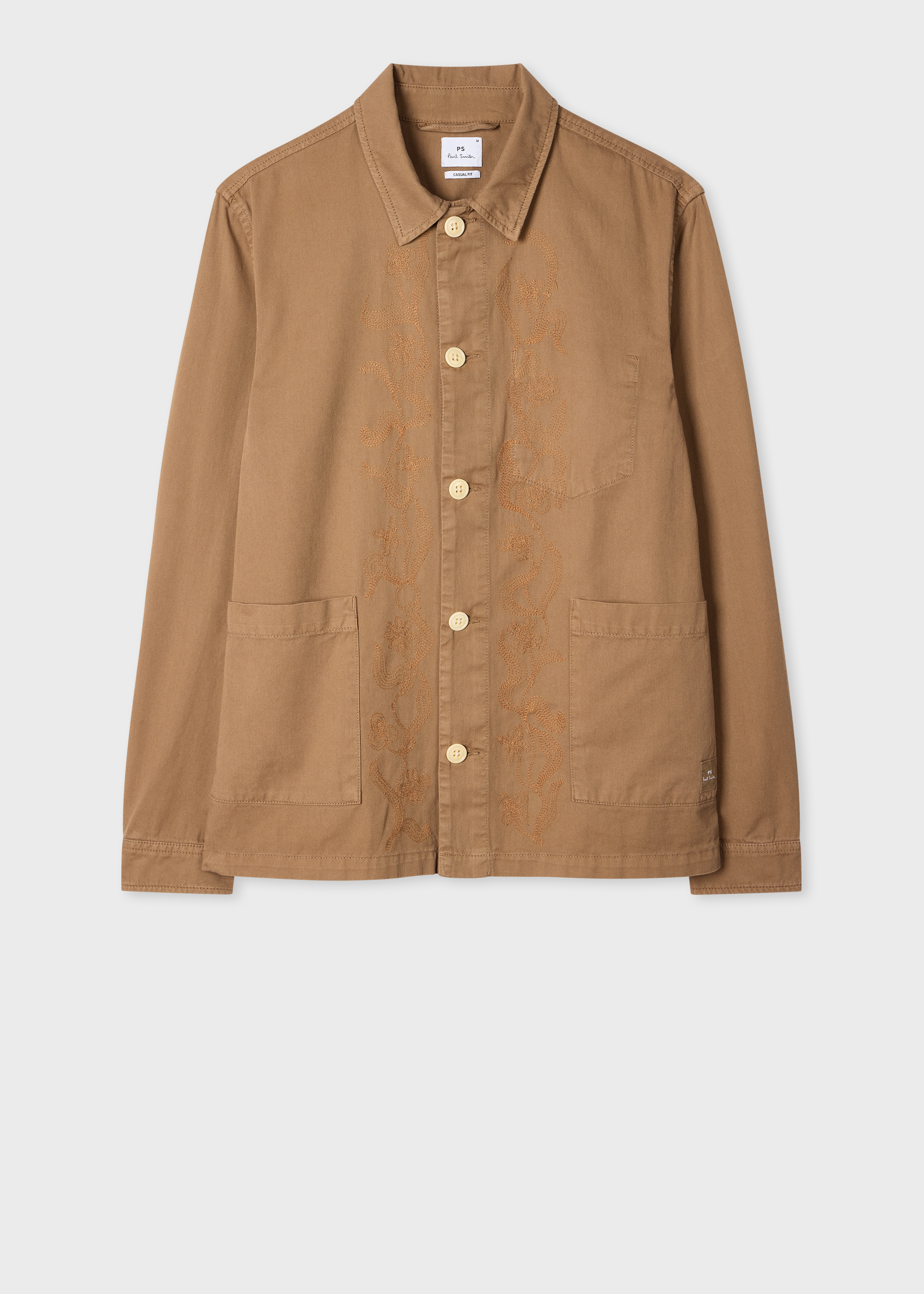 Tan Embroidered-Floral Cotton Work Jacket