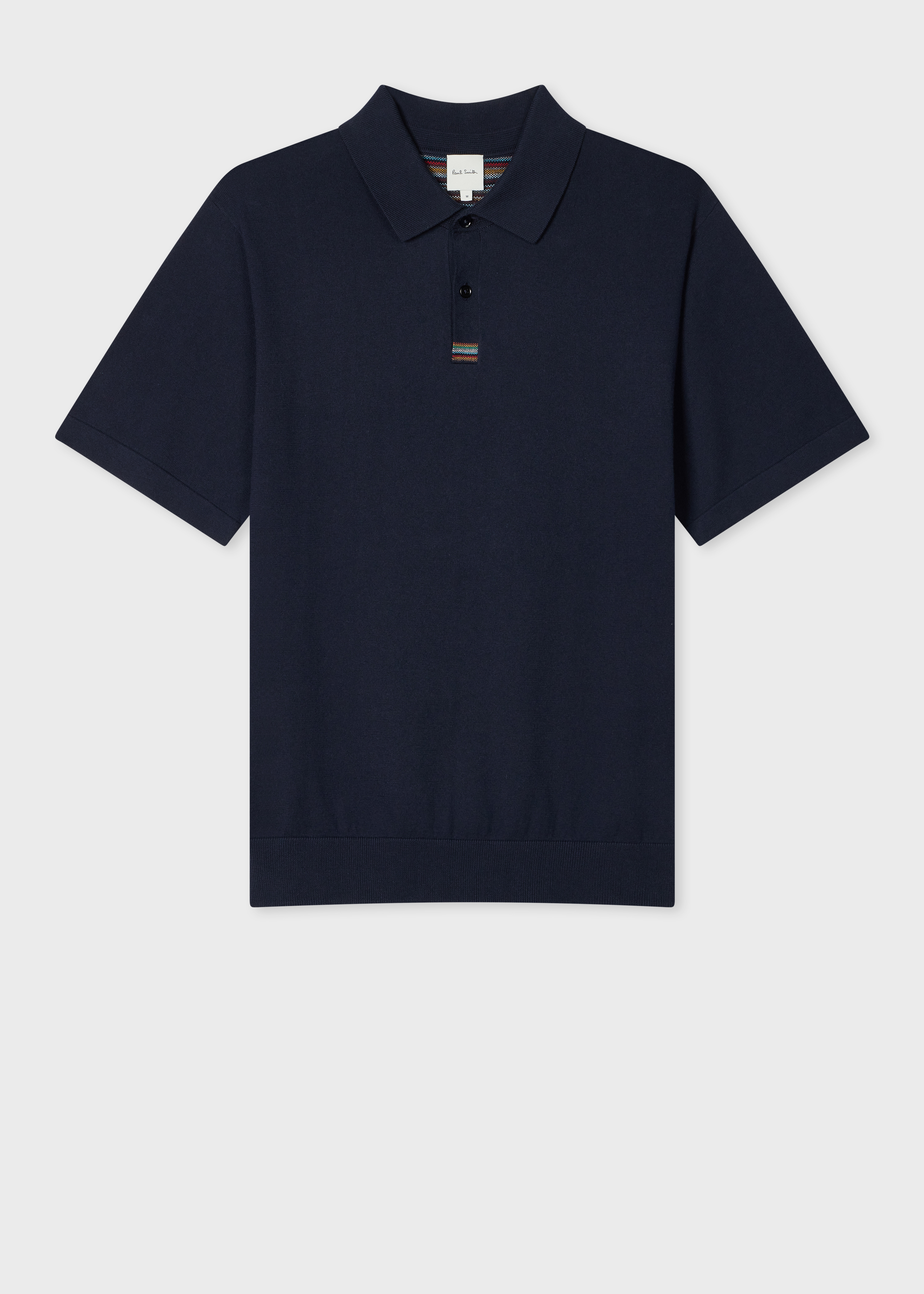 Navy Knitted Cotton 'Signature Stripe' Trim Polo Shirt