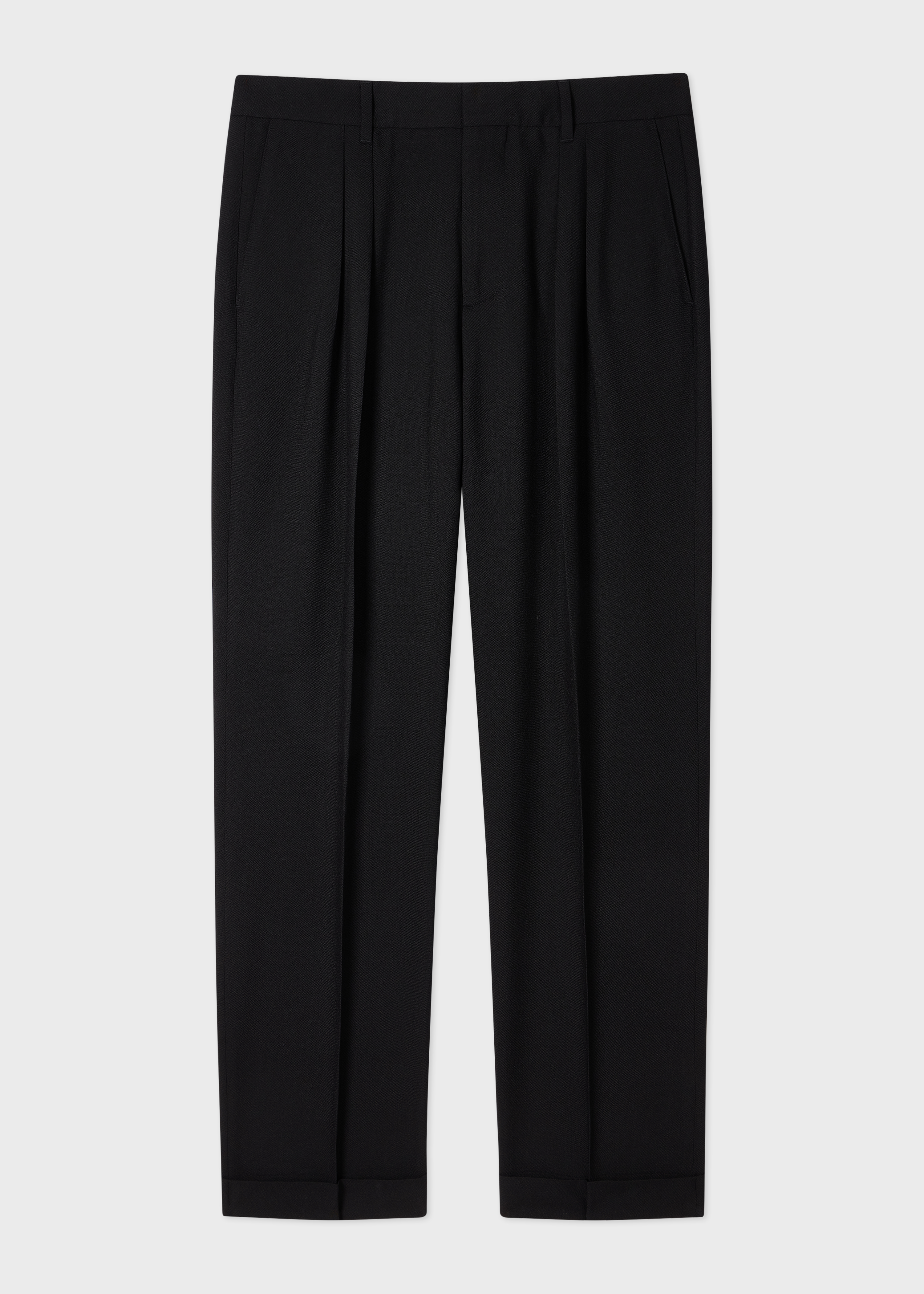 Black Two-Ply Hopsack Wool Pleated Trousers