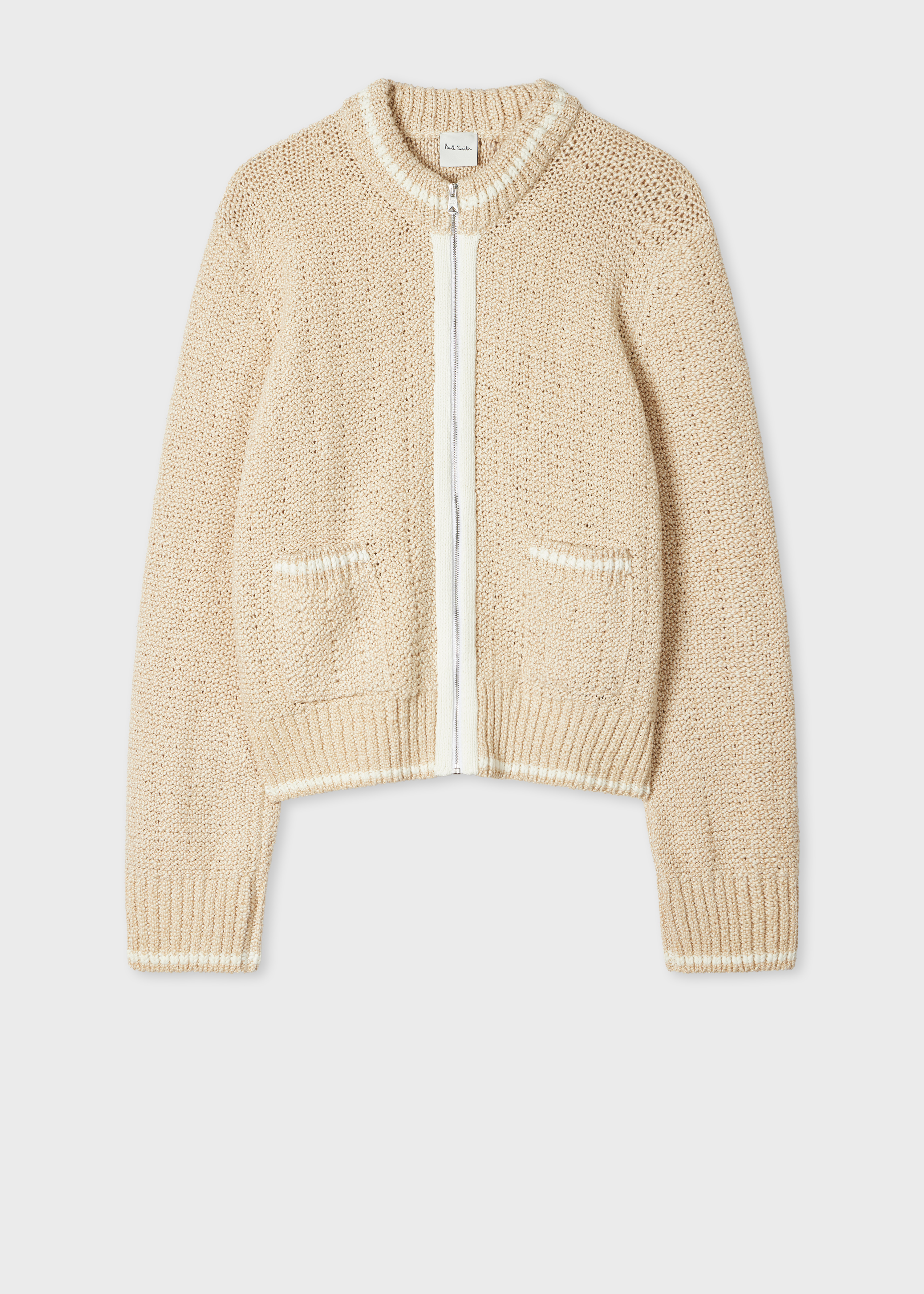 Women's Cream Textured Knit Zip Jacket
