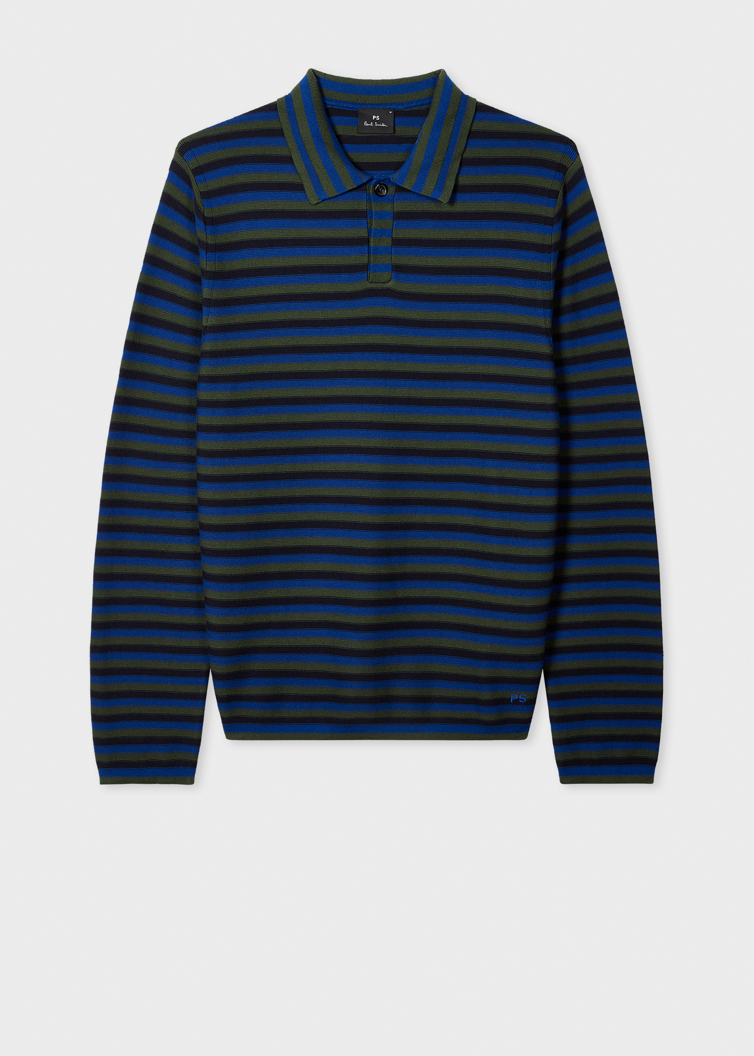 Blue Faded Stripe Knitted Cotton Polo Shirt