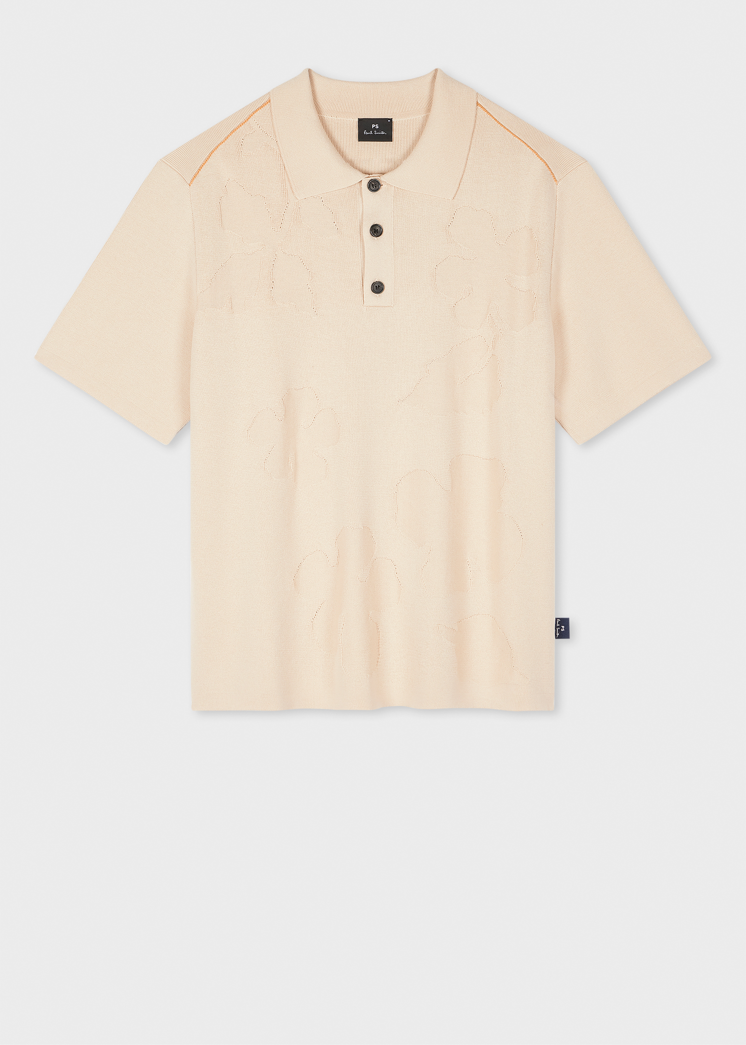 Ecru Floral Jacquard Short Sleeve Knitted Polo Shirt