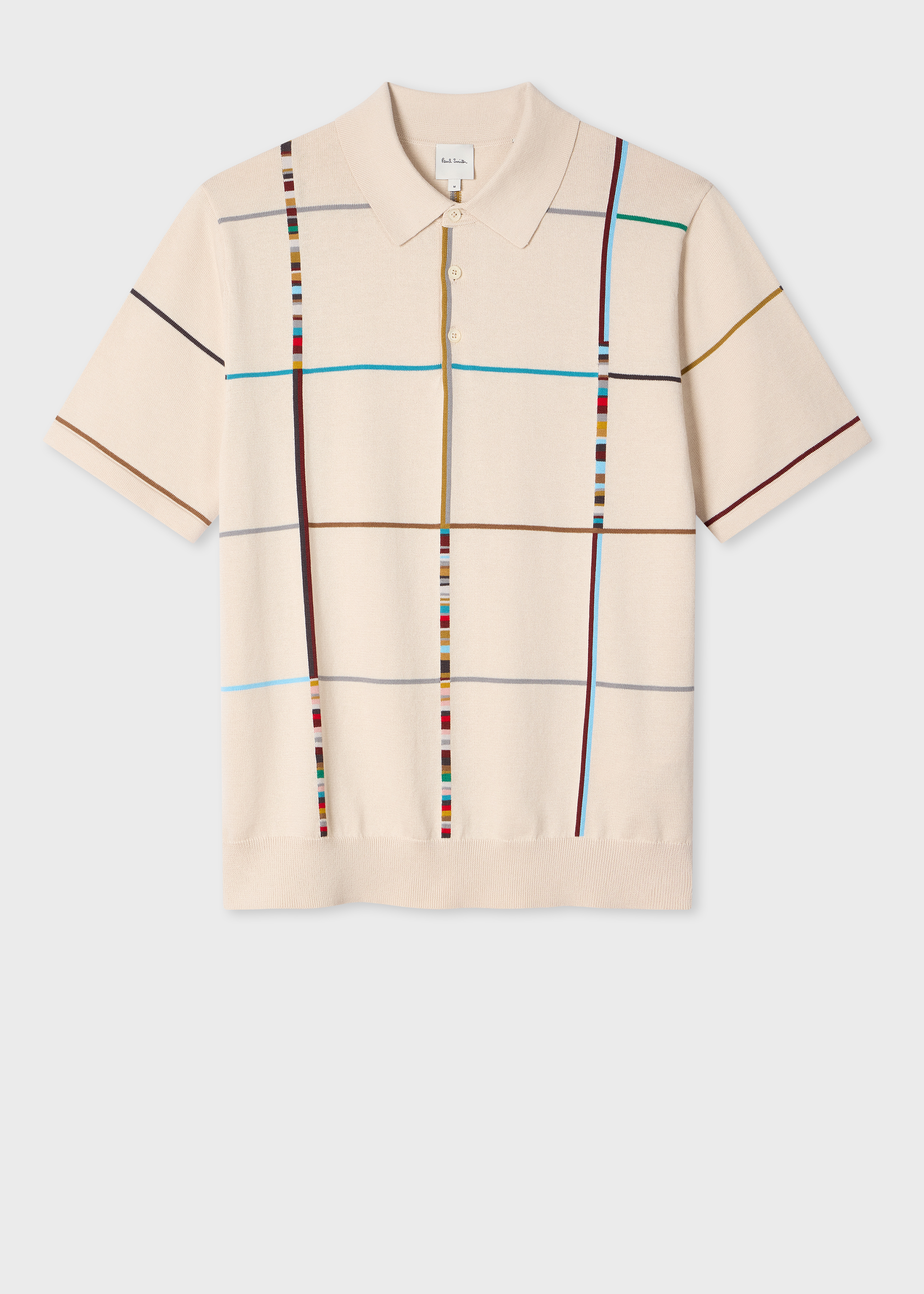 Ecru 'Signature Stripe Check' Knitted Cotton Polo Shirt