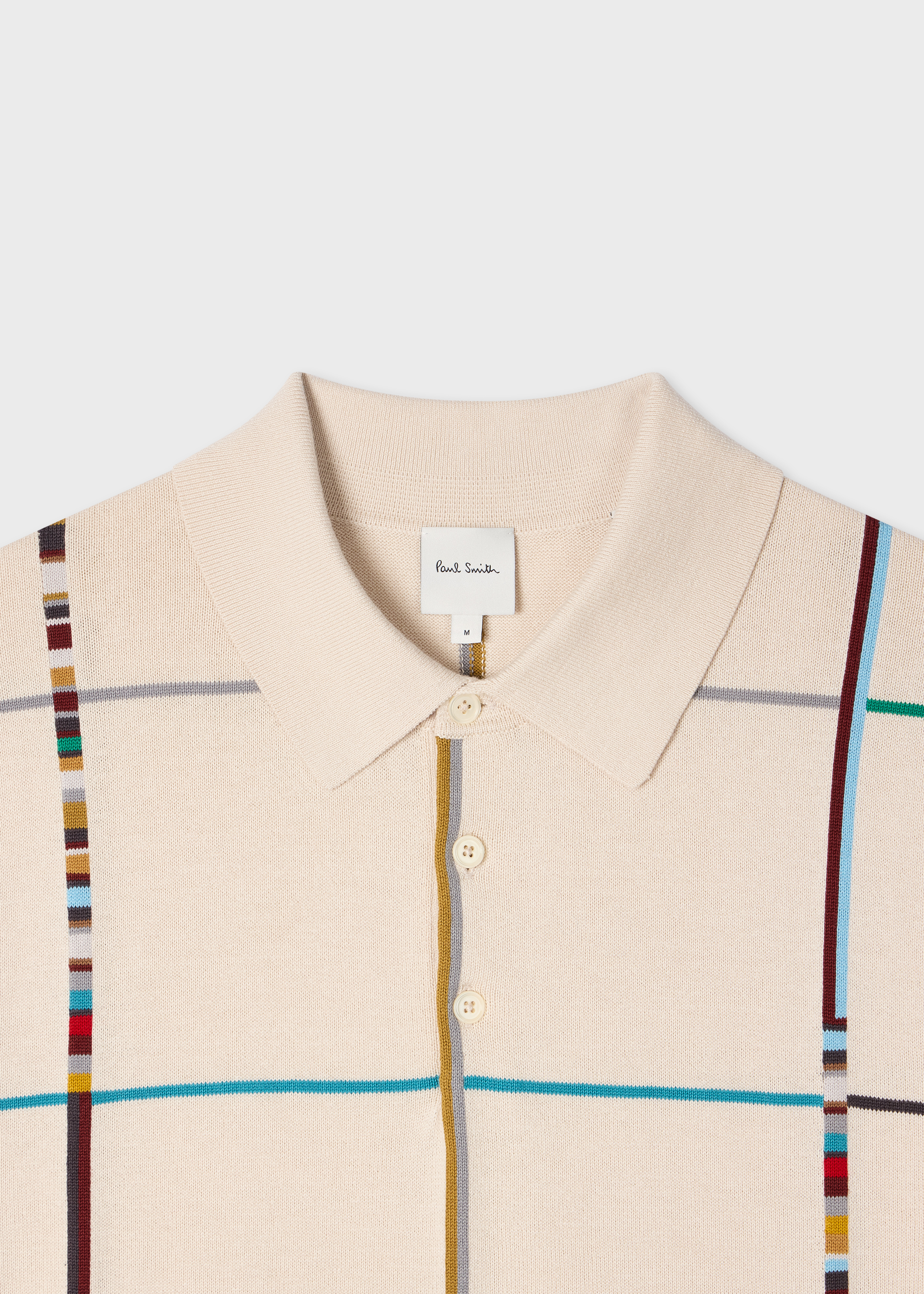 Ecru 'Signature Stripe Check' Knitted Cotton Polo Shirt