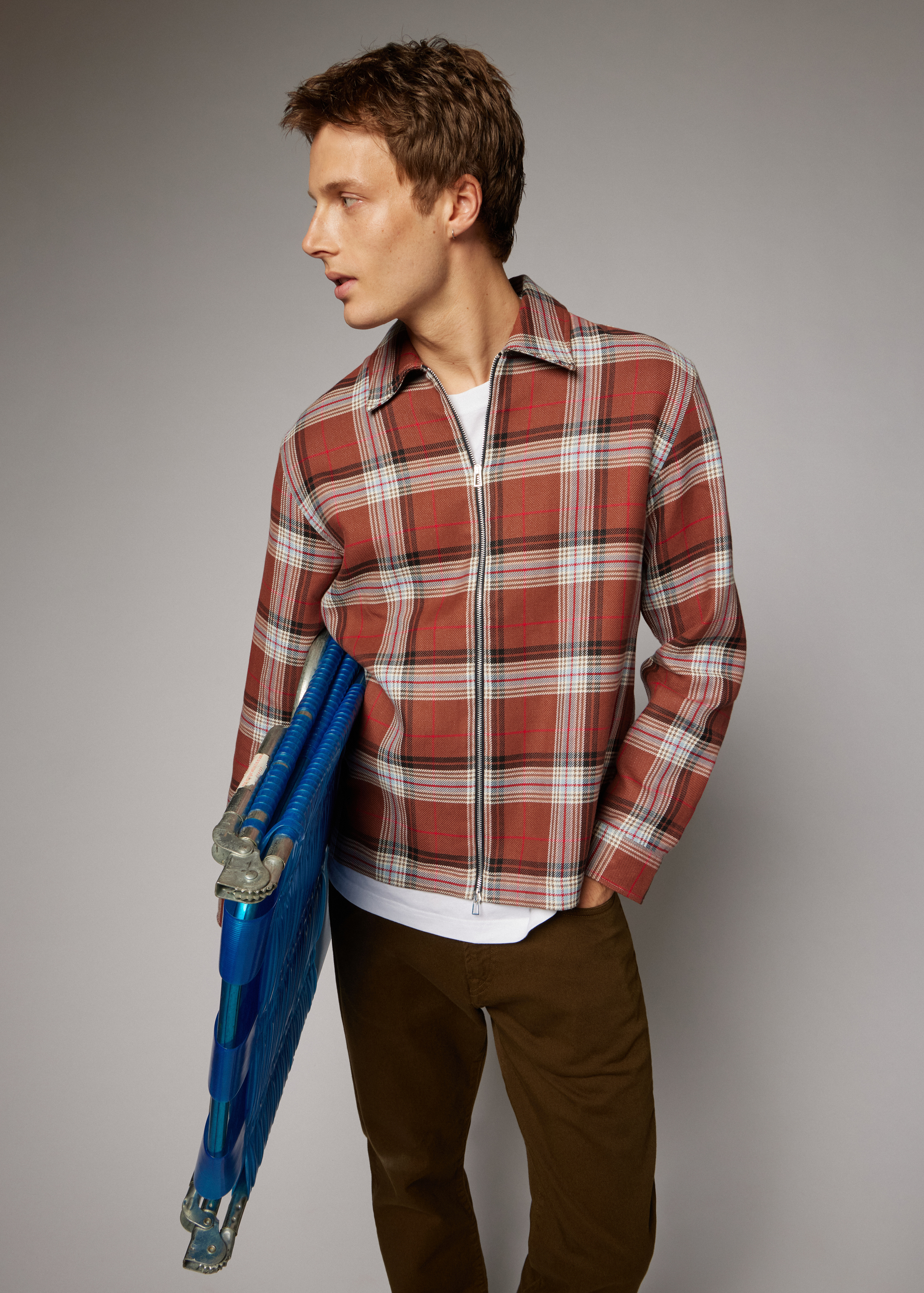 Brown Double-Face Cotton Check Zip-Front Shirt