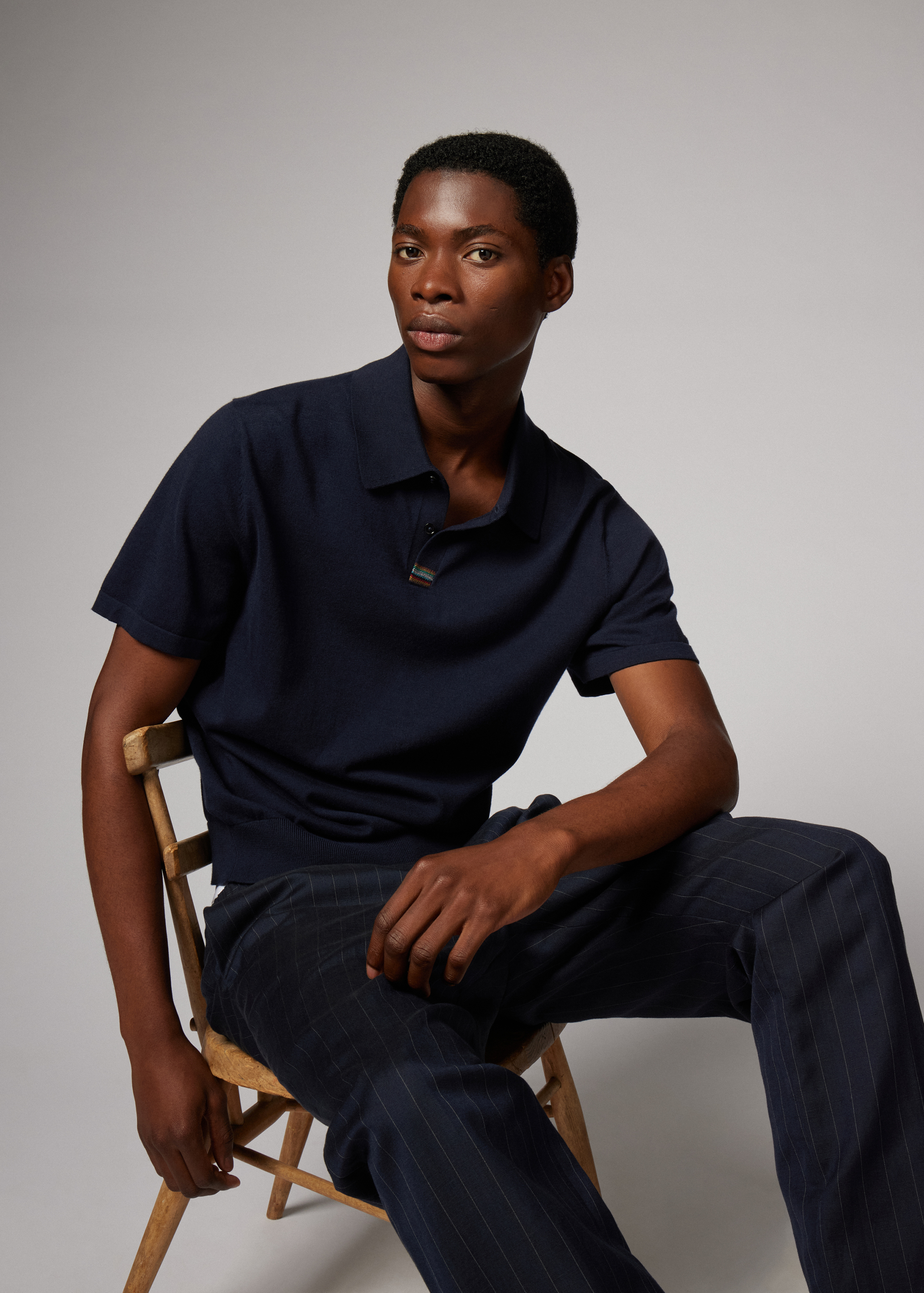 Navy Knitted Cotton 'Signature Stripe' Trim Polo Shirt