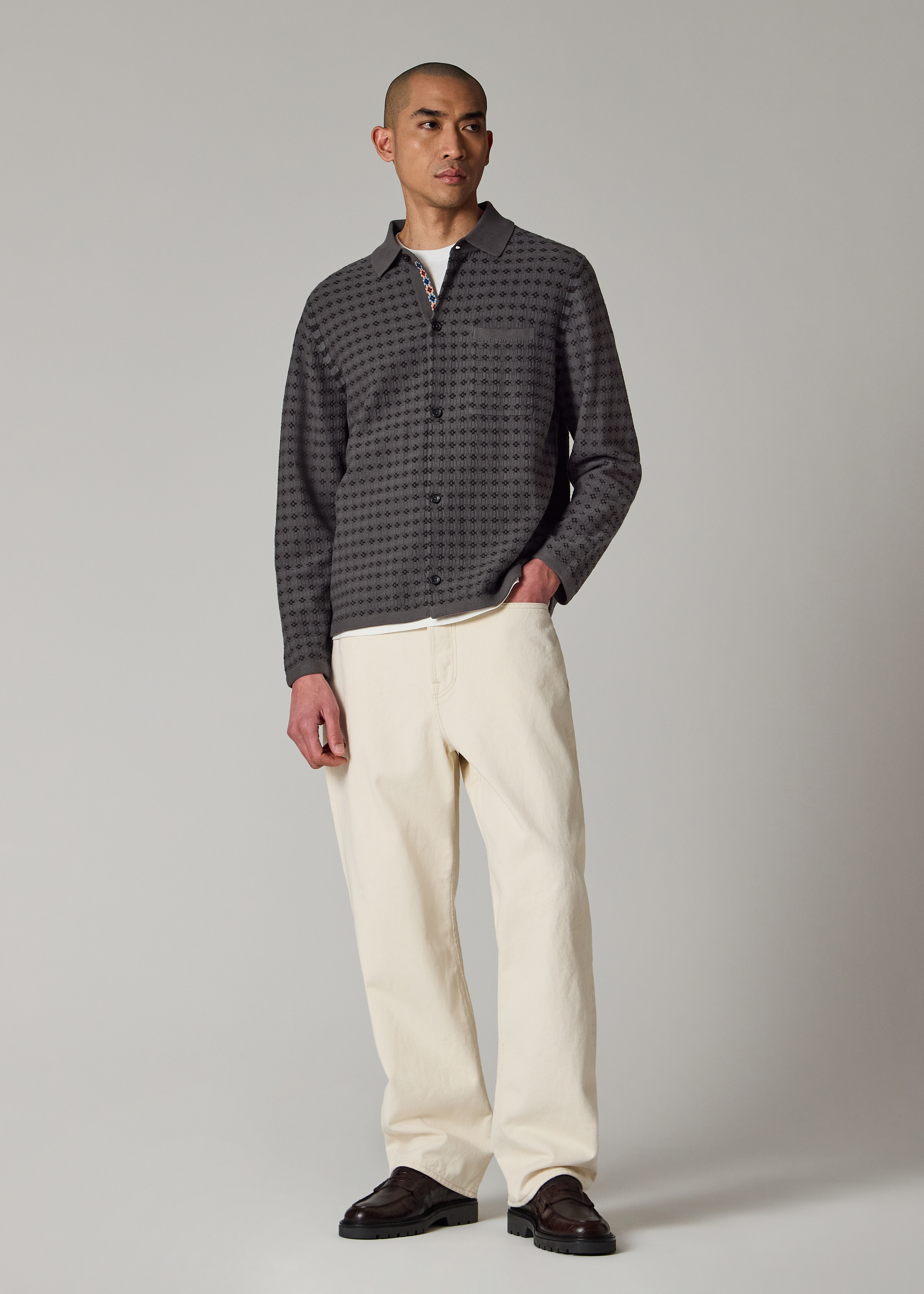 Grey 'Geo Tile' Knitted Cotton Collared Cardigan