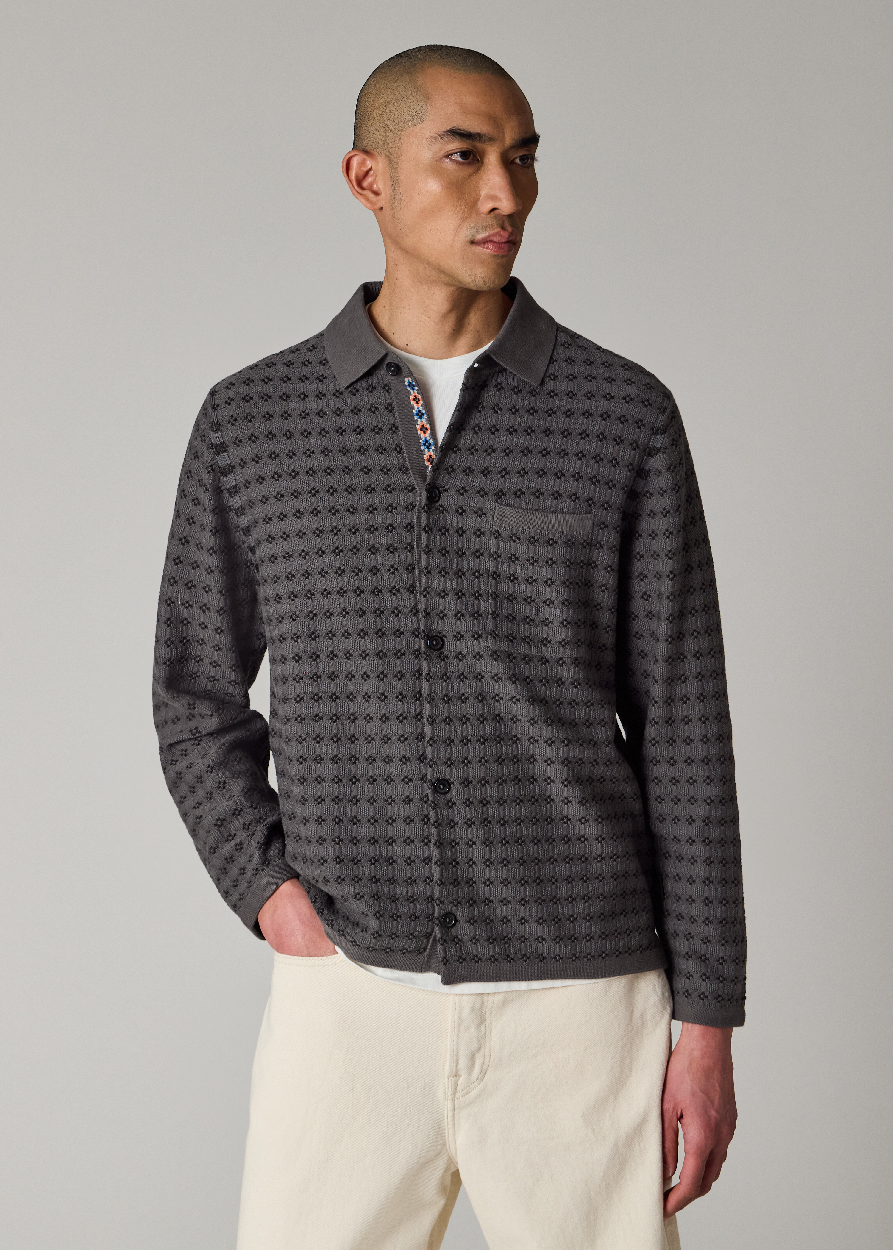 Grey 'Geo Tile' Knitted Cotton Collared Cardigan