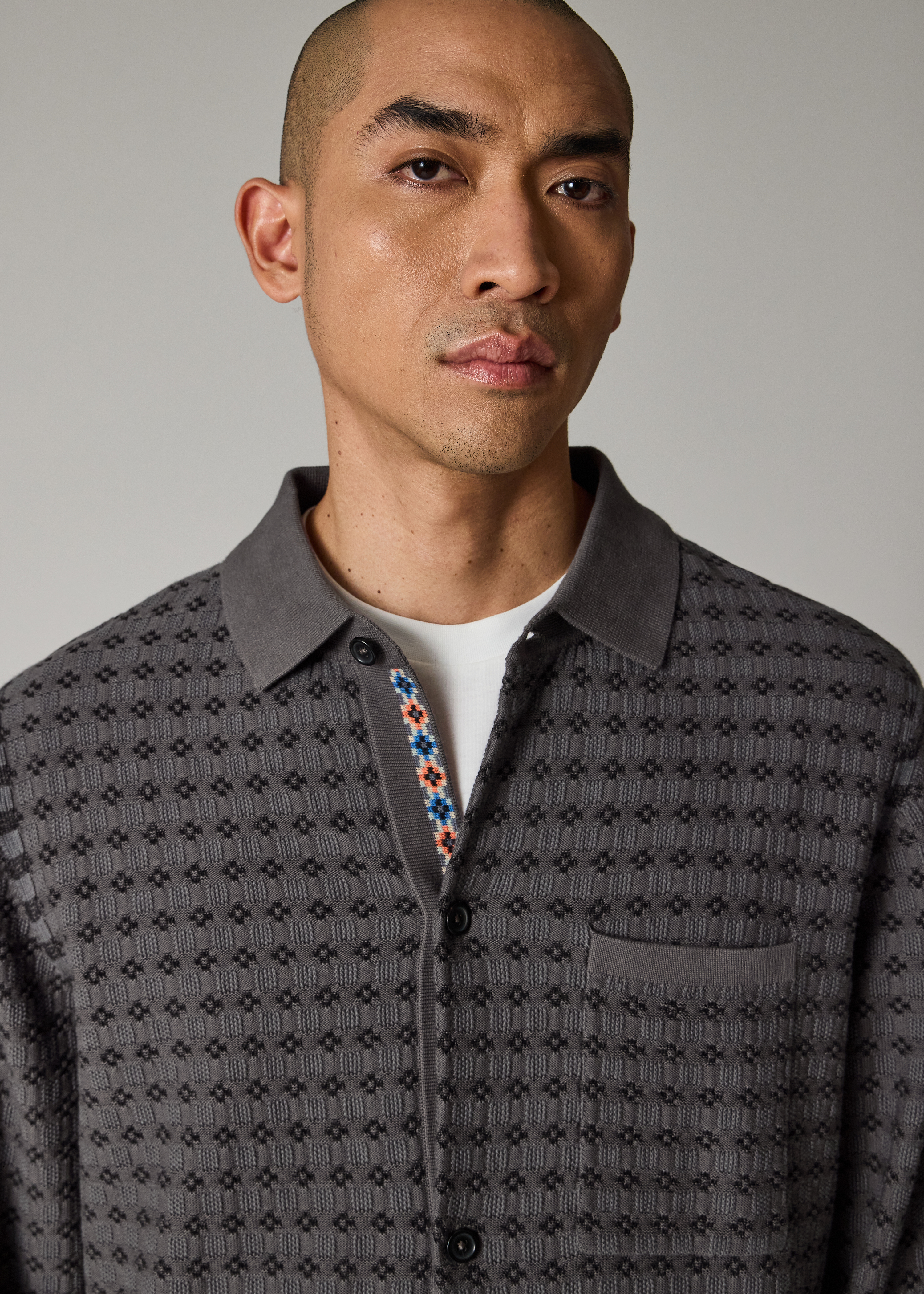 Grey 'Geo Tile' Knitted Cotton Collared Cardigan