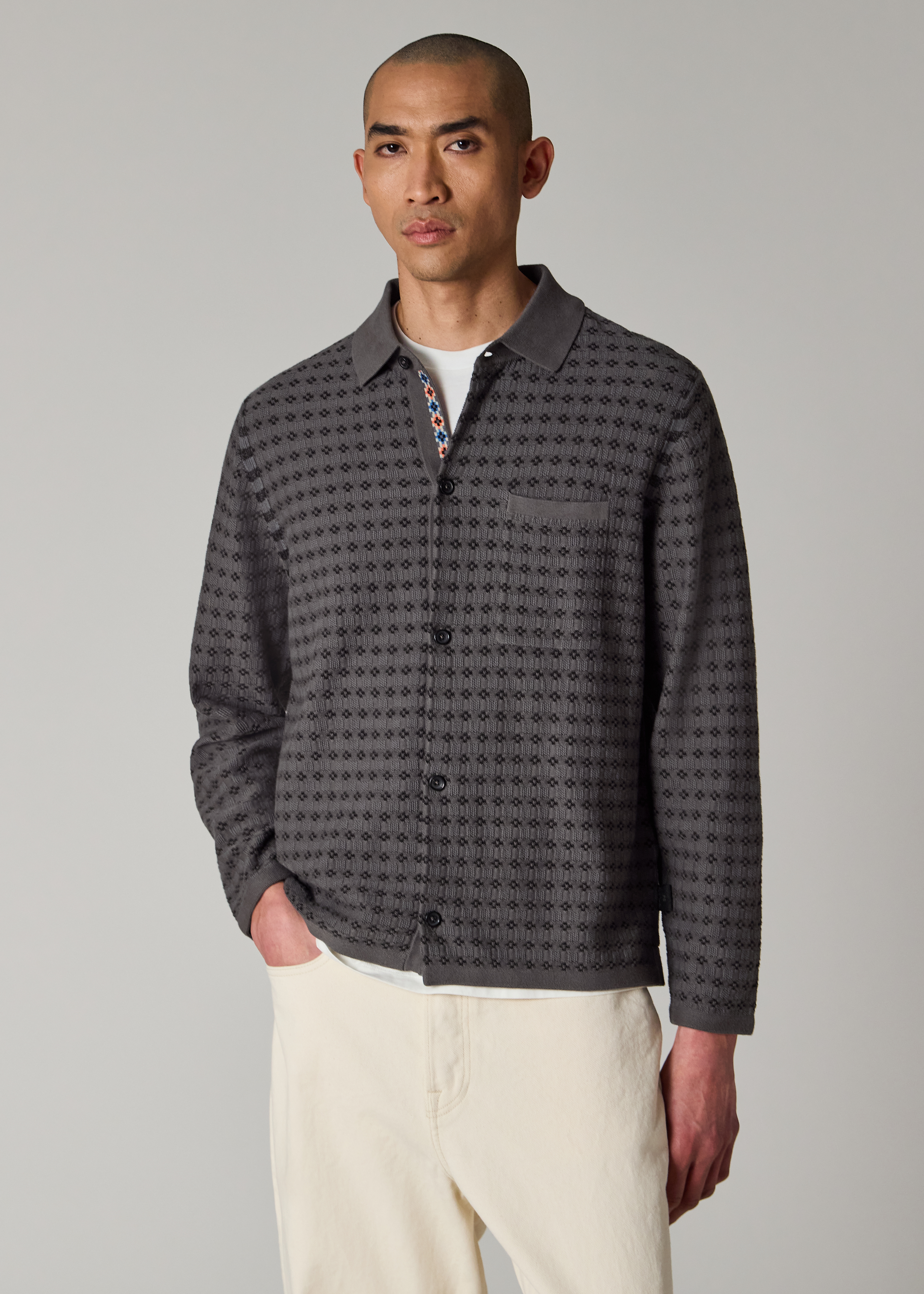 Grey 'Geo Tile' Knitted Cotton Collared Cardigan