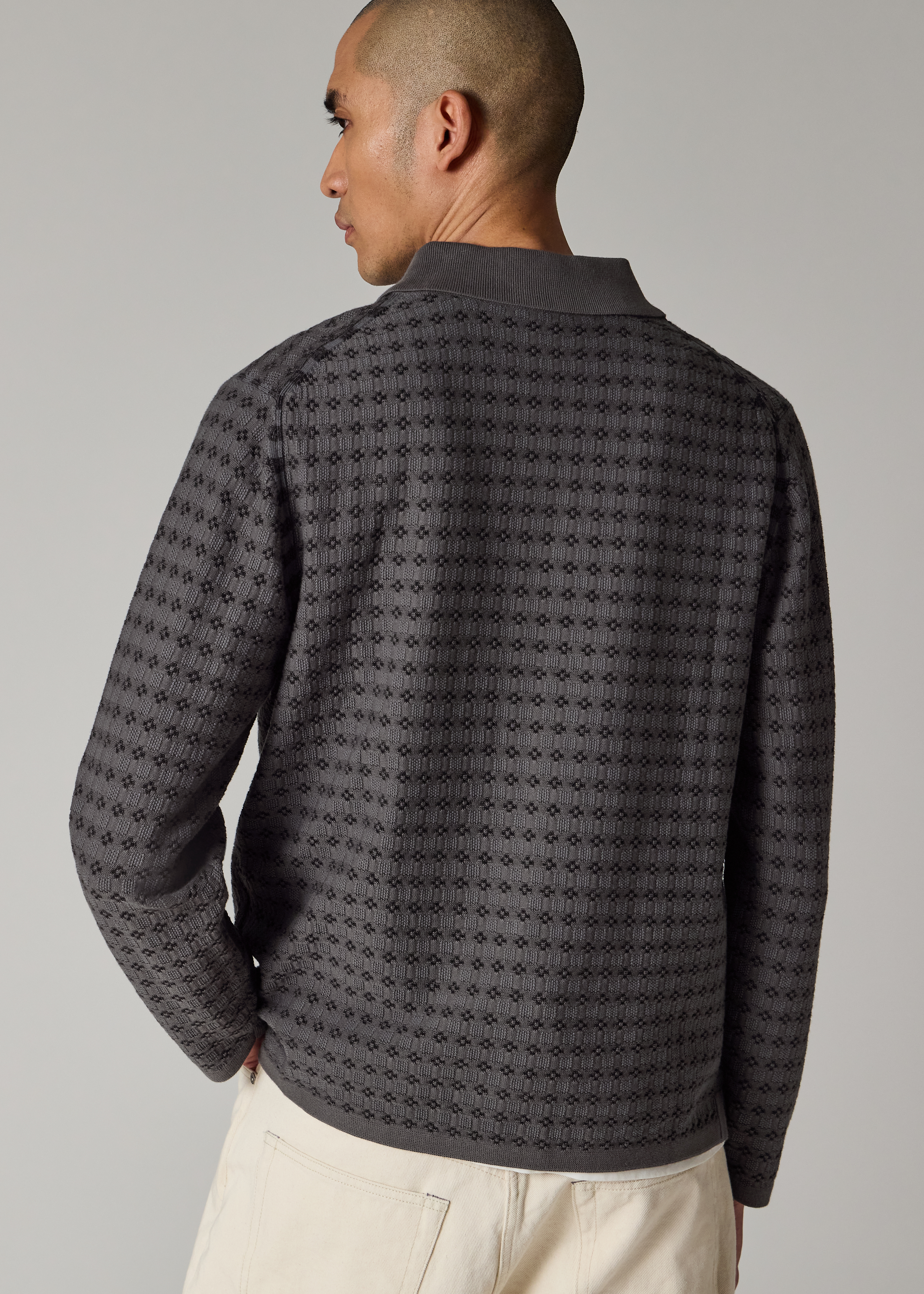 Grey 'Geo Tile' Knitted Cotton Collared Cardigan