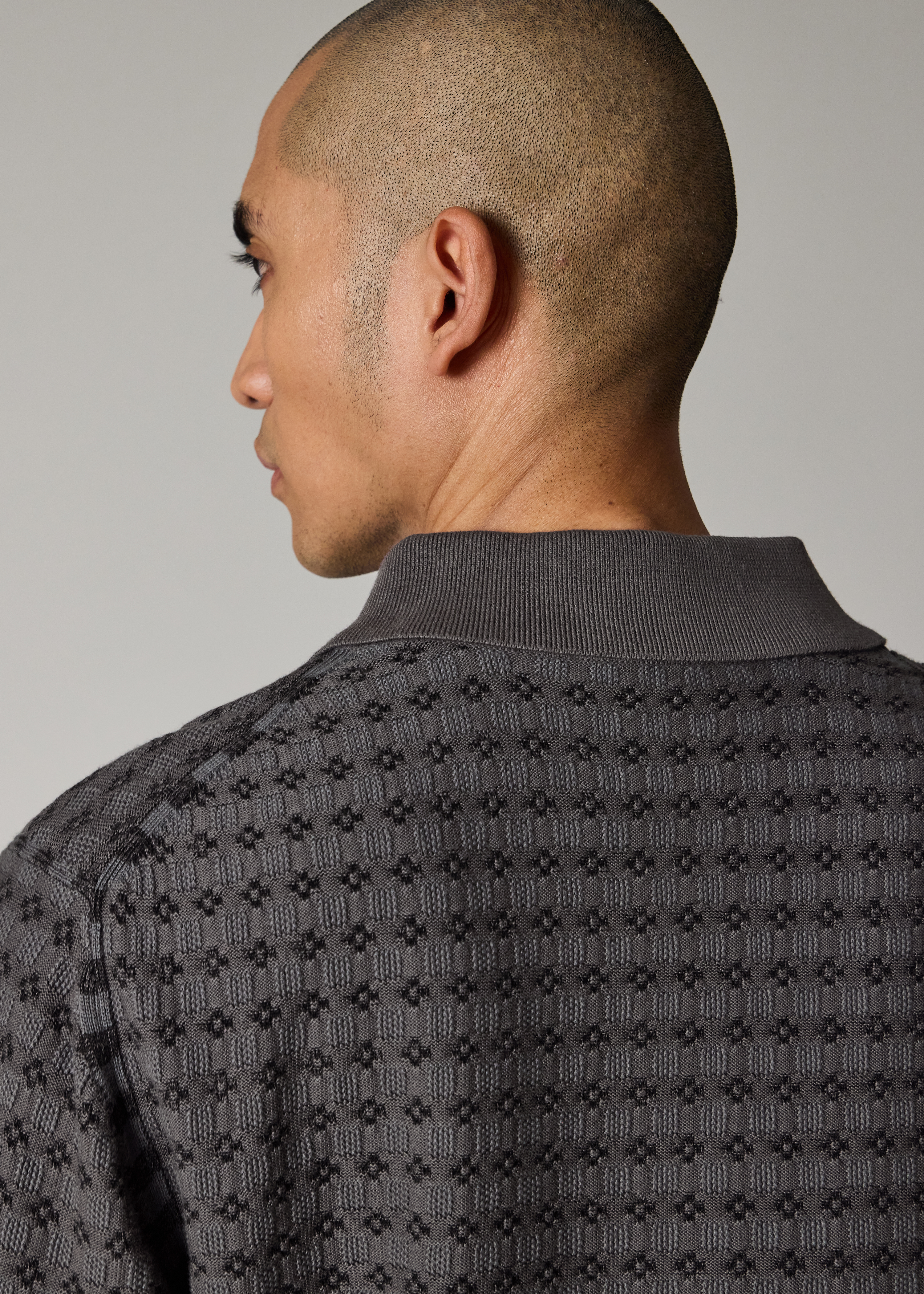 Grey 'Geo Tile' Knitted Cotton Collared Cardigan