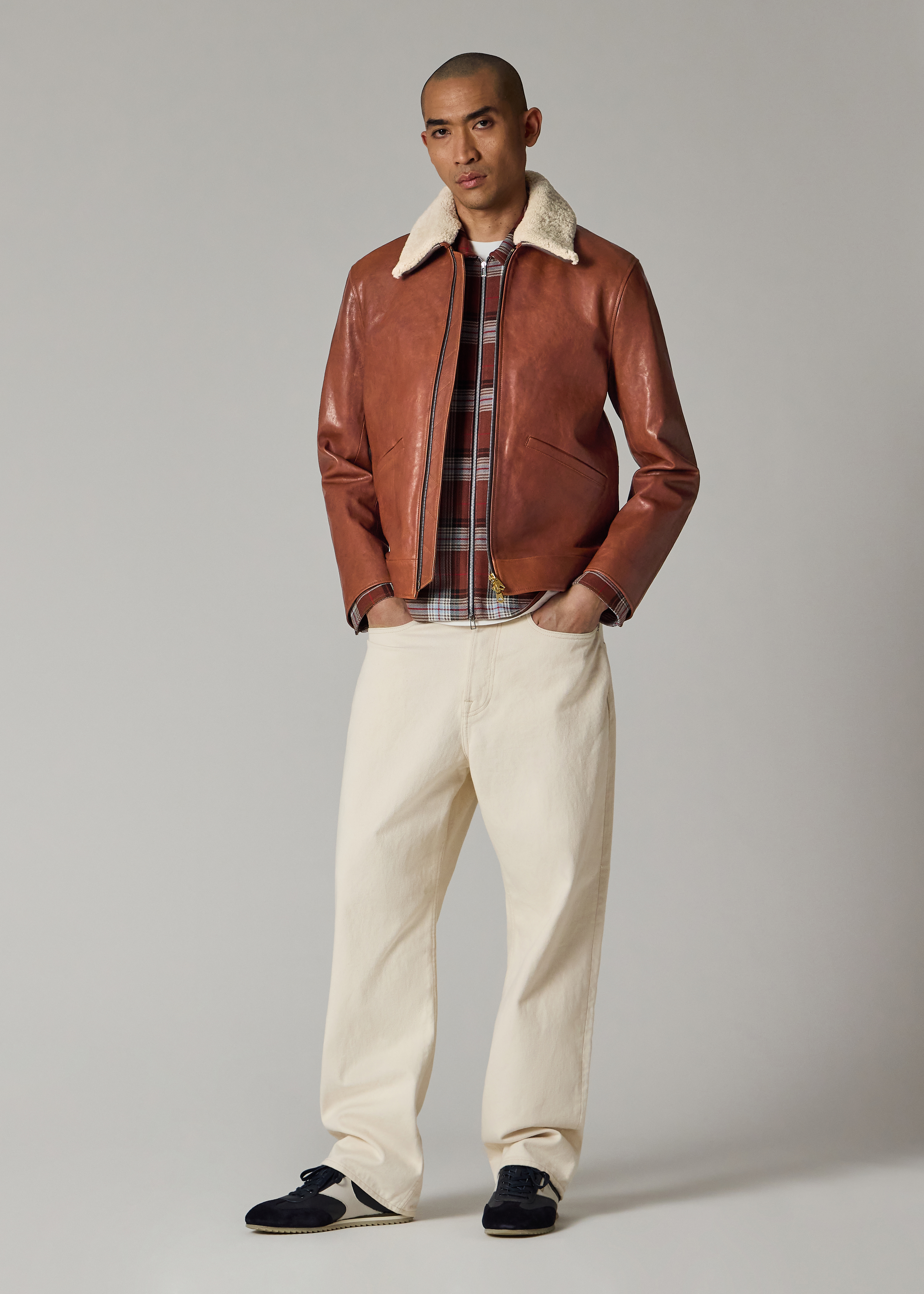 Brown Leather Jacket with Detachable Collar