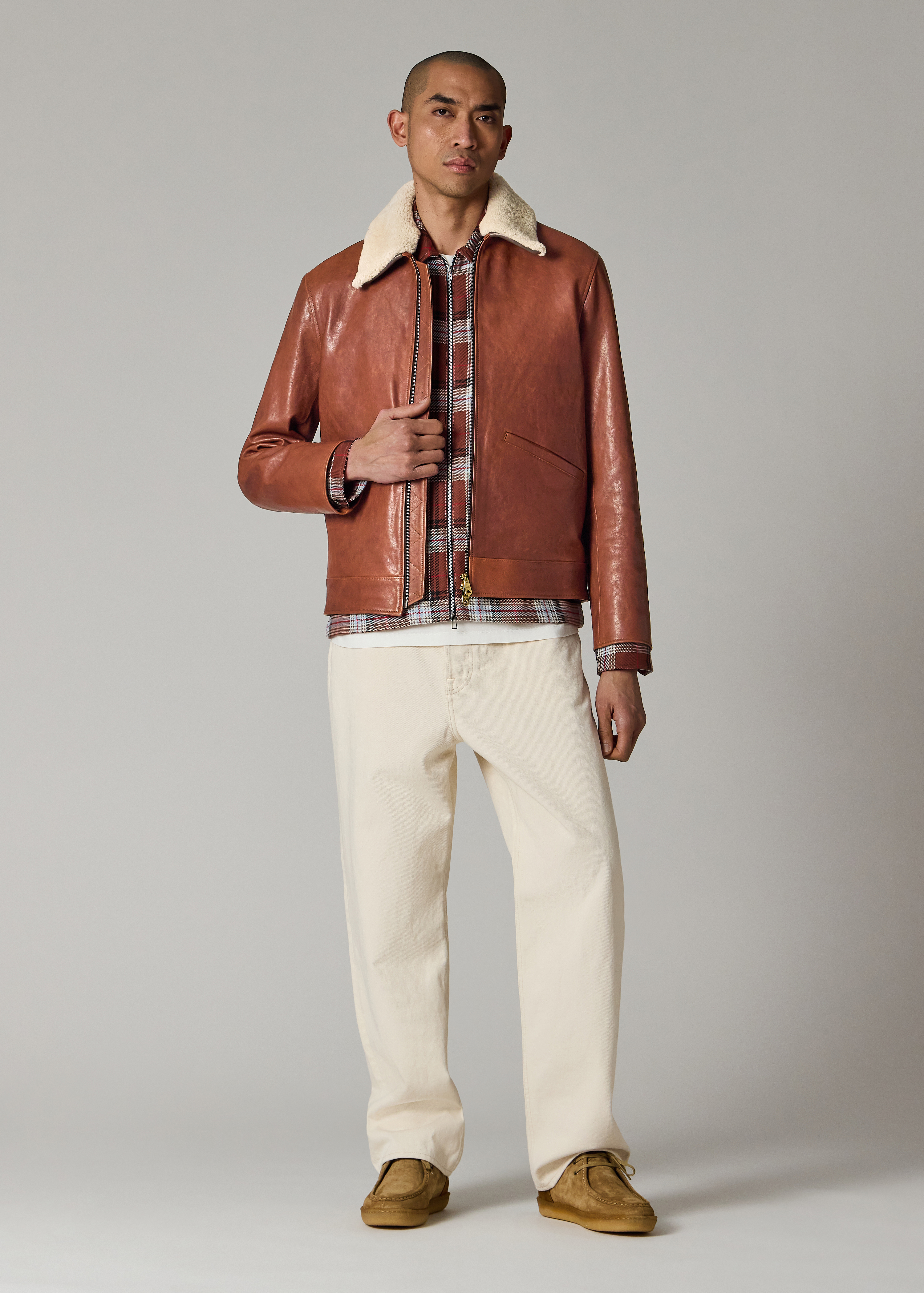 Brown Leather Jacket with Detachable Collar