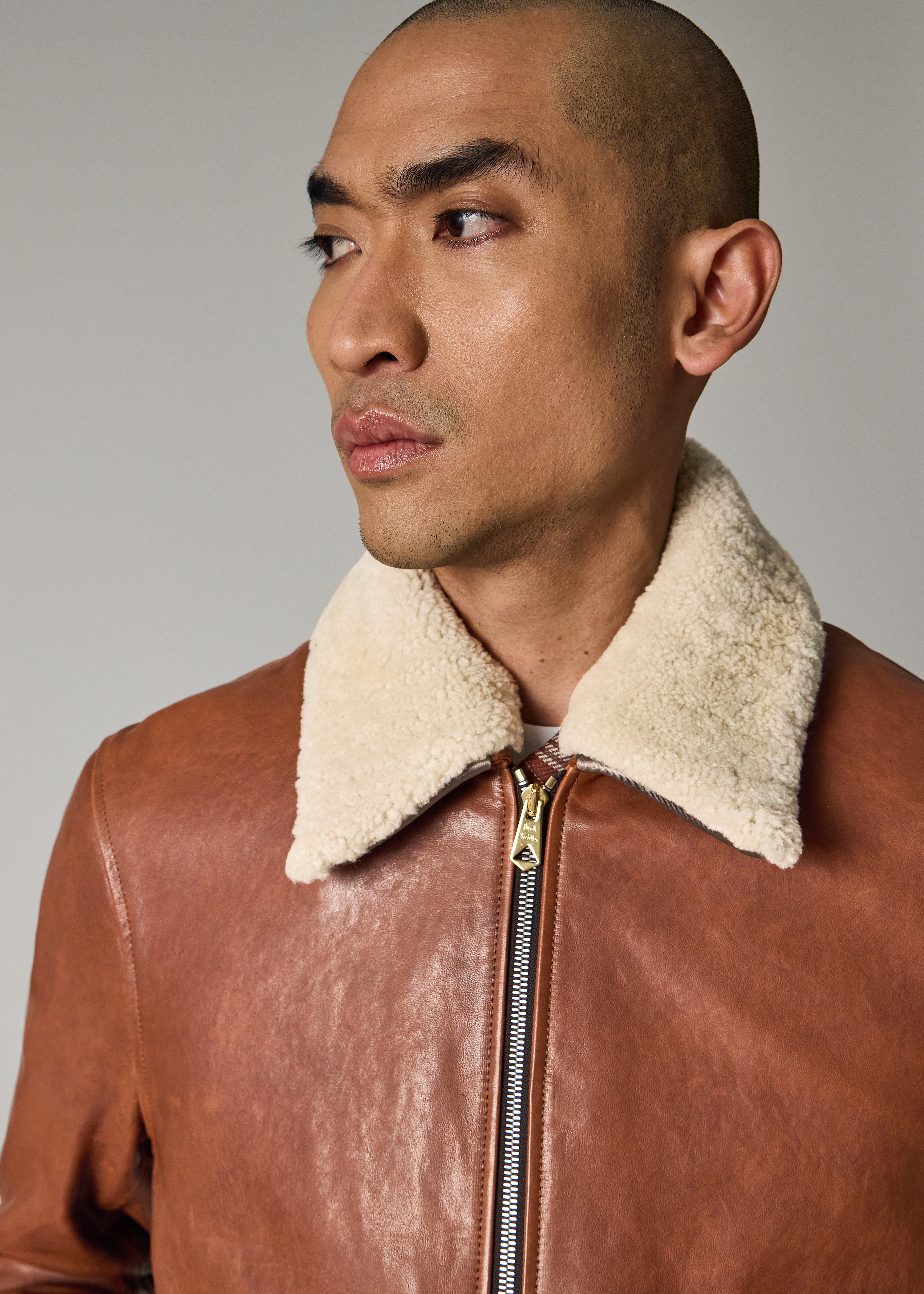 Brown Leather Jacket with Detachable Collar