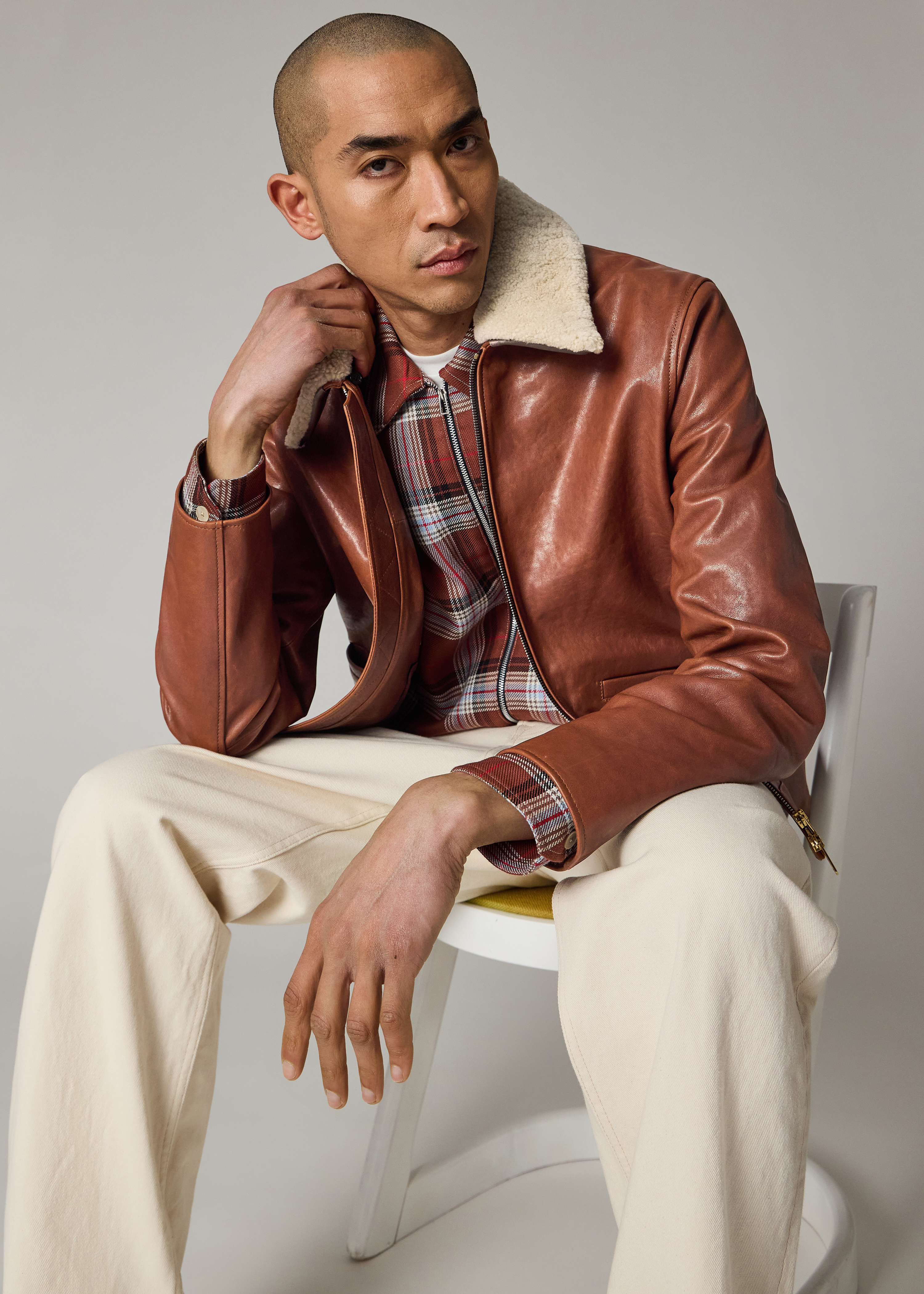 Brown Leather Jacket with Detachable Collar